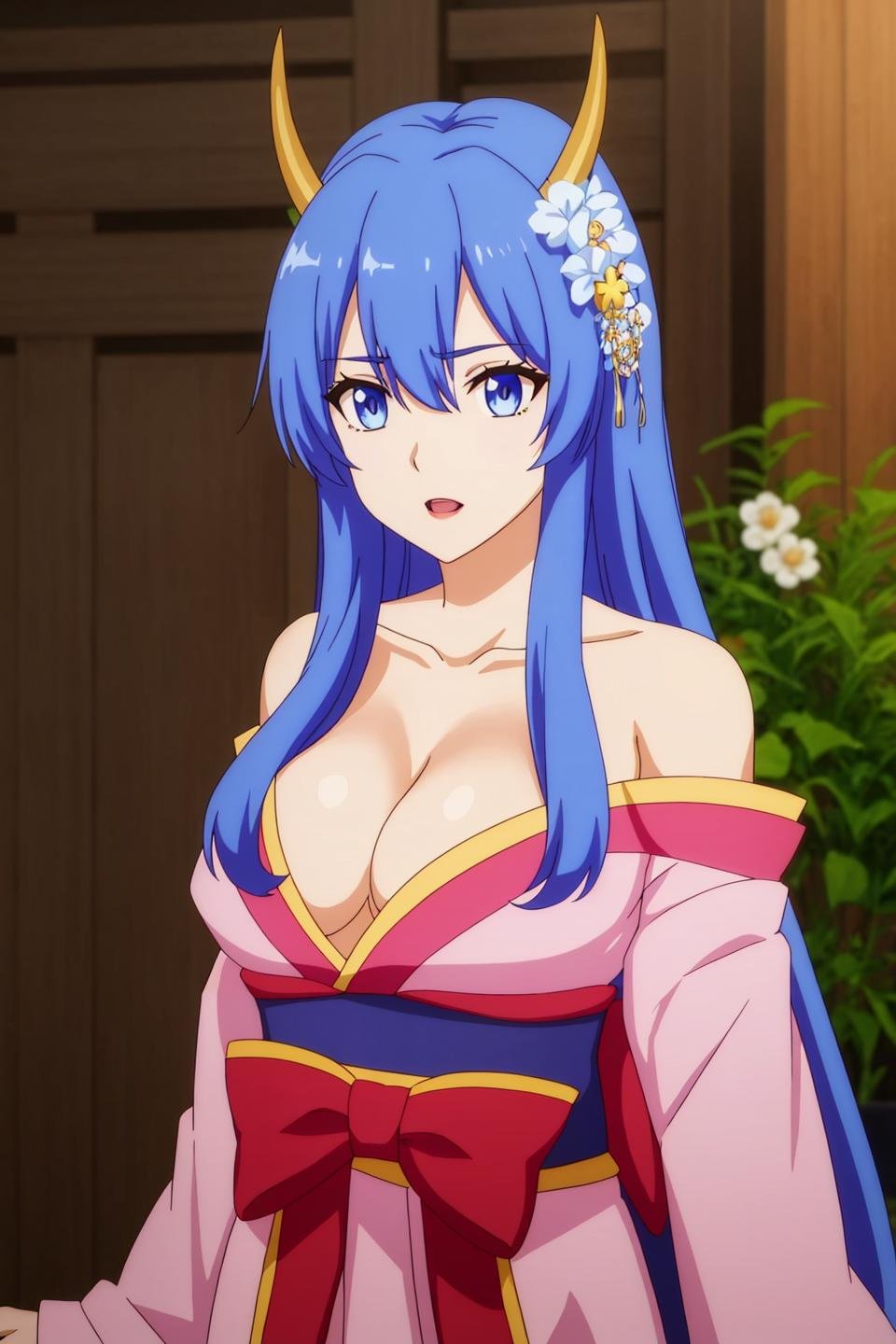 excel, anime, 1girl, solo, long_hair, breasts, open_mouth, blue_eyes, hair_ornament, bow, cleavage, bare_shoulders, blue_hair, collarbone, upper_body, flower, japanese_clothes, horns, hair_flower, kimono, makeup, lipstick, pink_bow