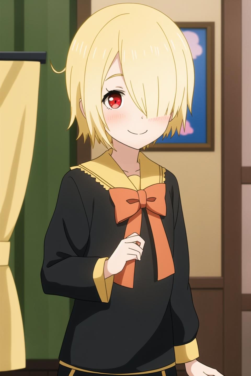 aku, anime art style, 1girl, solo, looking_at_viewer, smile, short_hair, blonde_hair, red_eyes, ribbon, hair_over_one_eye