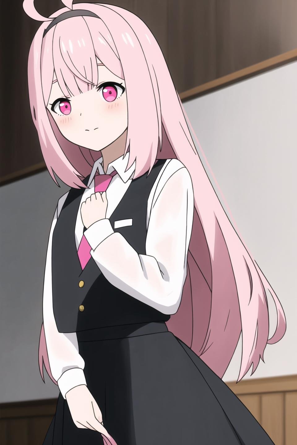 luna, anime art style, 1girl, solo, long_hair, bangs, shirt, closed_mouth, white_shirt, upper_body, pink_hair, ahoge, hairband, necktie, collared_shirt, indoors, pink_eyes, vest, frown, parody, red_necktie, meme, black_vest, white_hairband