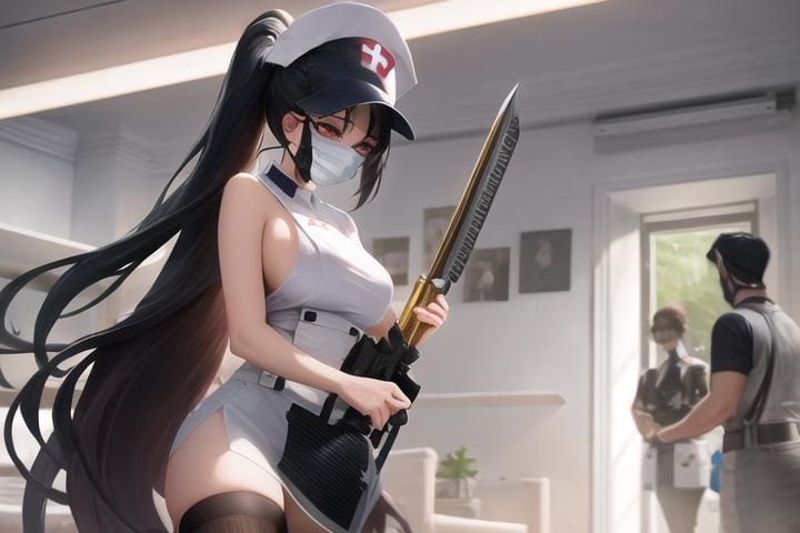 lolstyle, art style, 1girl, long_hair, breasts, black_hair, thighhighs, hat, dress, holding, bare_shoulders, ponytail, weapon, multiple_boys, sleeveless, indoors, holding_weapon, white_dress, bare_arms, mask, sleeveless_dress, nurse_cap, mouth_mask, nurse, syringe, surgical_mask, sickle