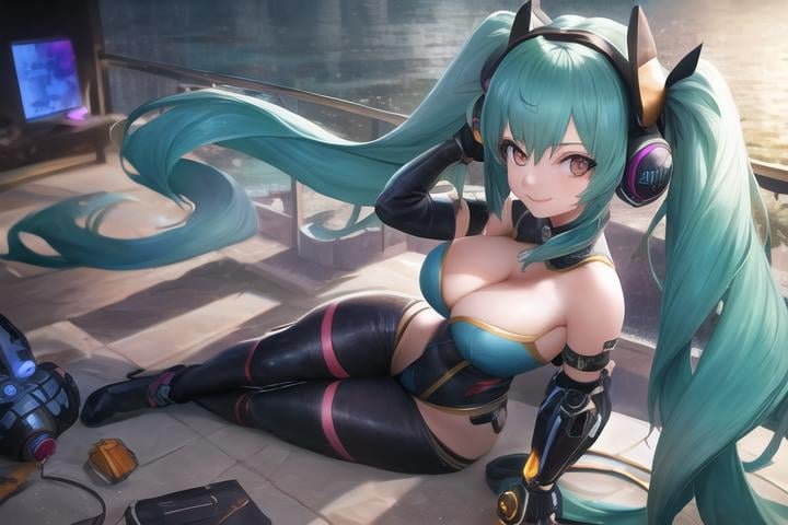 lolstyle, art style, 1girl, solo, long_hair, breasts, smile, large_breasts, cleavage, twintails, very_long_hair, alternate_costume, aqua_hair, bodysuit, headphones, helmet