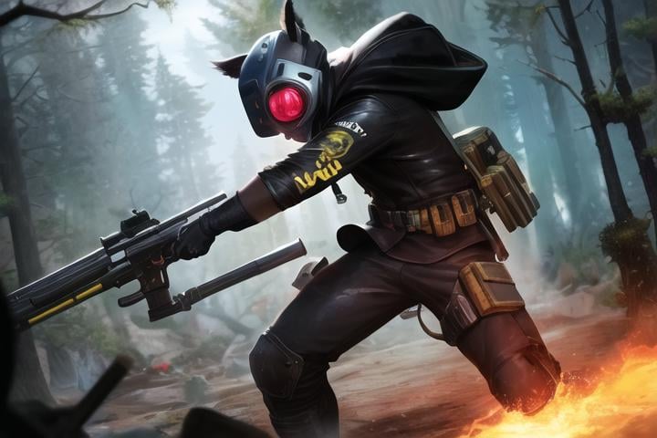 lolstyle, art style, solo, gloves, 1boy, holding, animal_ears, jacket, weapon, male_focus, pants, hood, holding_weapon, gun, mask, glowing, helmet, goggles, holding_gun, nature, glowing_eyes, forest, aiming