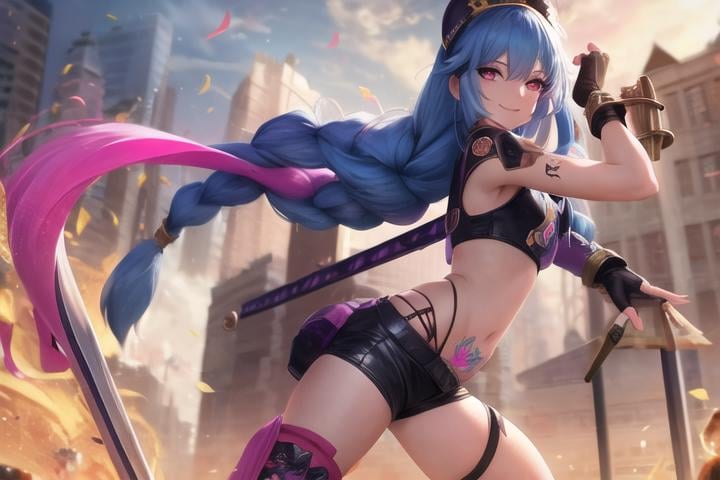 lolstyle, art style, 1girl, solo, long_hair, smile, thighhighs, gloves, navel, jewelry, very_long_hair, blue_hair, swimsuit, weapon, braid, boots, shorts, midriff, fingerless_gloves, pink_eyes, necklace, twin_braids, flat_chest, tattoo, fire, single_thighhigh, fishnets, bullet