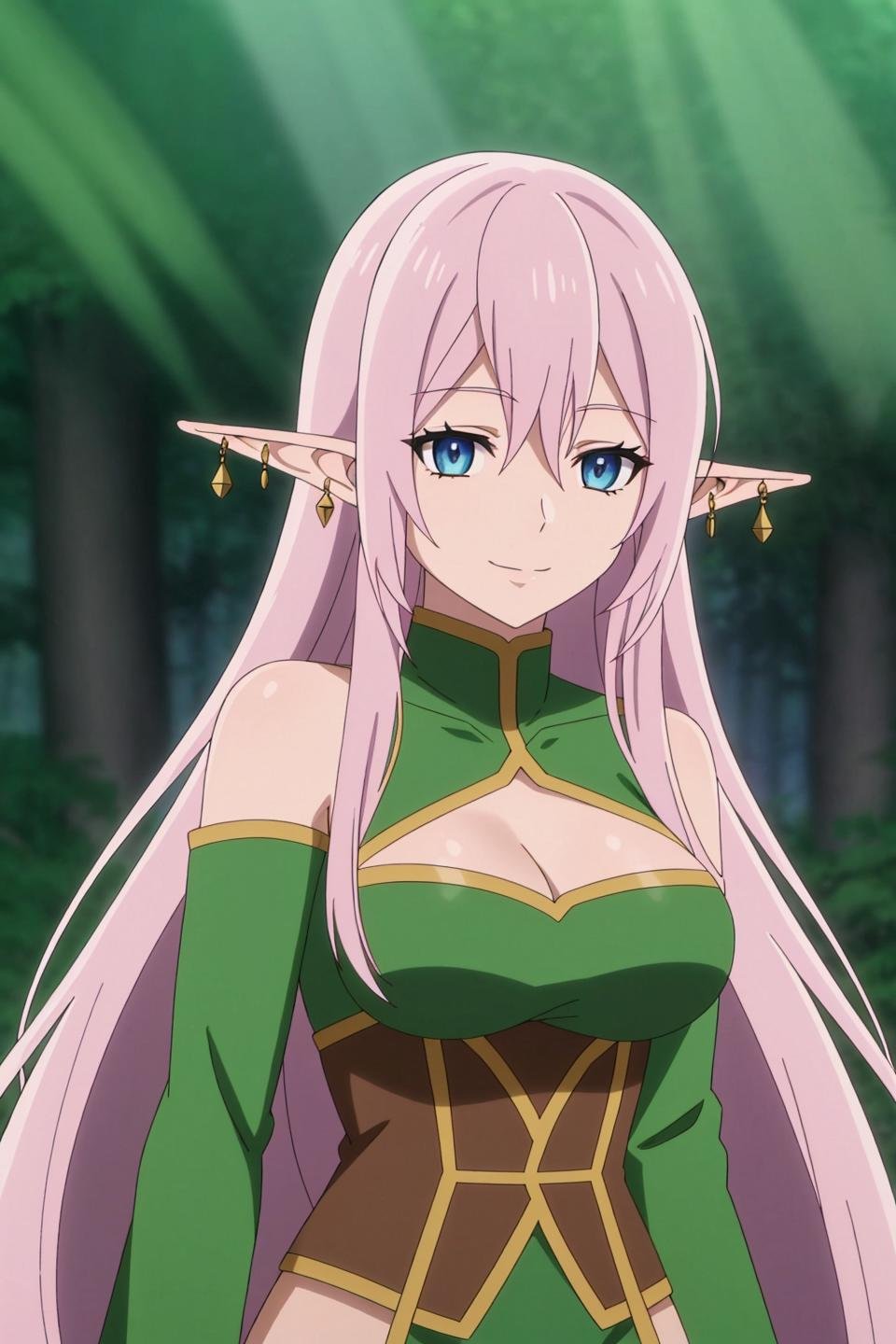 yarandrala, anime, 1girl, solo, long_hair, breasts, smile, bangs, blue_eyes, cleavage, hair_between_eyes, jewelry, medium_breasts, closed_mouth, upper_body, pink_hair, earrings, pointy_ears, clothing_cutout, cleavage_cutout, elf