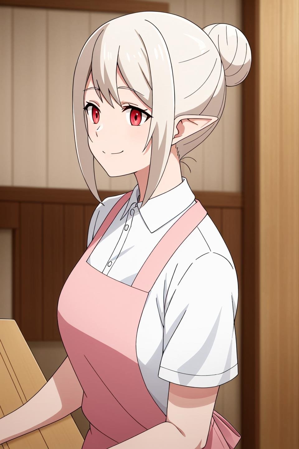 nao, anime, 1girl, solo, looking_at_viewer, smile, blonde_hair, shirt, red_eyes, closed_mouth, white_shirt, upper_body, pointy_ears, collared_shirt, hair_bun, apron, single_hair_bun, elf, pink_apron