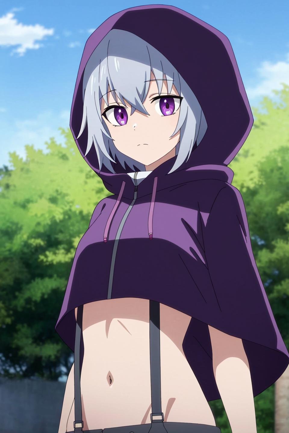 tisse, anime, 1girl, solo, looking_at_viewer, short_hair, bangs, navel, closed_mouth, purple_eyes, upper_body, grey_hair, outdoors, sky, midriff, hood, tree, crop_top, expressionless, suspenders, cloak, hood_up, hooded_cloak, anime_coloring