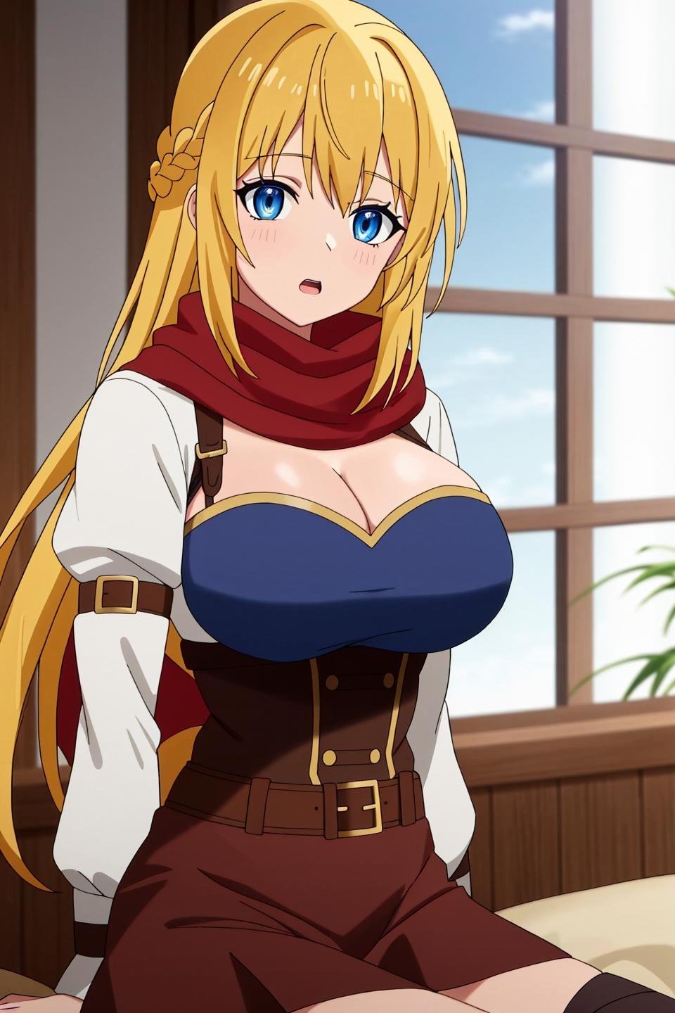 rit, anime, 1girl, solo, long_hair, breasts, open_mouth, bangs, blue_eyes, blonde_hair, large_breasts, long_sleeves, cleavage, sitting, white_shirt, upper_body, braid, puffy_sleeves, belt, indoors, scarf, clothing_cutout, cleavage_cutout, juliet_sleeves, couch, french_braid, buckle, red_scarf, underbust, brown_belt, arm_belt