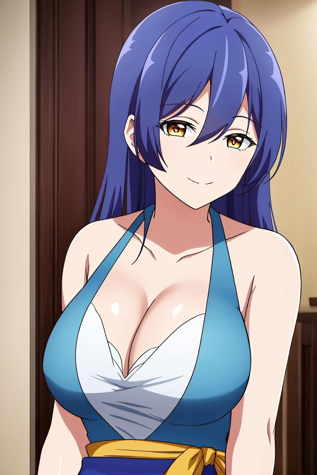 shirley, 1girl, solo, long_hair, breasts, looking_at_viewer, smile, bangs, large_breasts, dress, cleavage, hair_between_eyes, brown_eyes, medium_breasts, closed_mouth, blue_hair, collarbone, yellow_eyes, upper_body, sparkle, blue_dress, anime_coloring