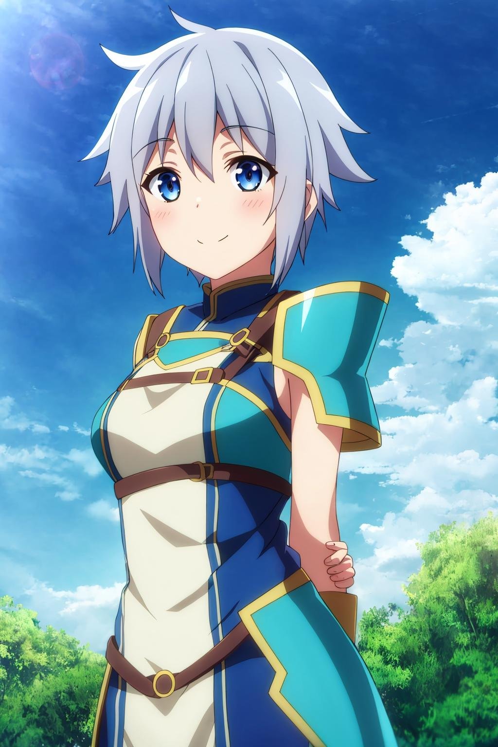 shui, 1girl, solo, breasts, looking_at_viewer, blush, smile, short_hair, blue_eyes, dress, closed_mouth, grey_hair, outdoors, sky, day, cloud, armor, blue_sky, arms_behind_back