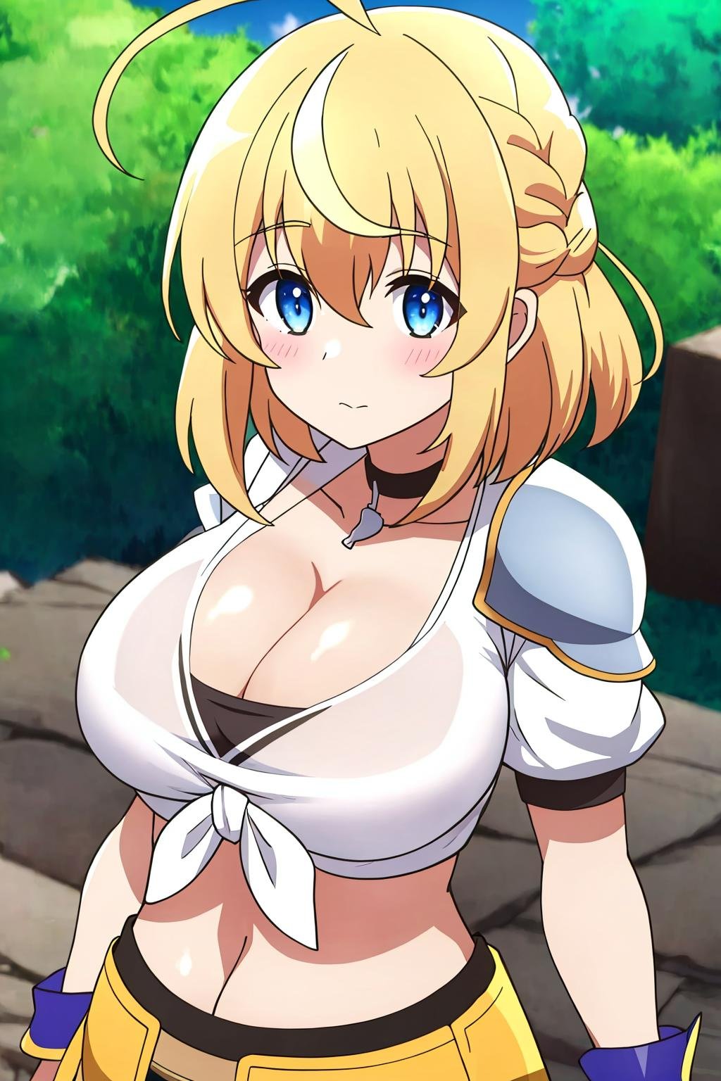 lammis, 1girl, solo, breasts, looking_at_viewer, blush, short_hair, bangs, blue_eyes, blonde_hair, large_breasts, shirt, cleavage, hair_between_eyes, medium_breasts, closed_mouth, collarbone, white_shirt, upper_body, braid, ahoge, short_sleeves, outdoors, sky, choker, day, midriff, armor, single_braid, shoulder_armor, front-tie_top, tied_shirt, anime_coloring