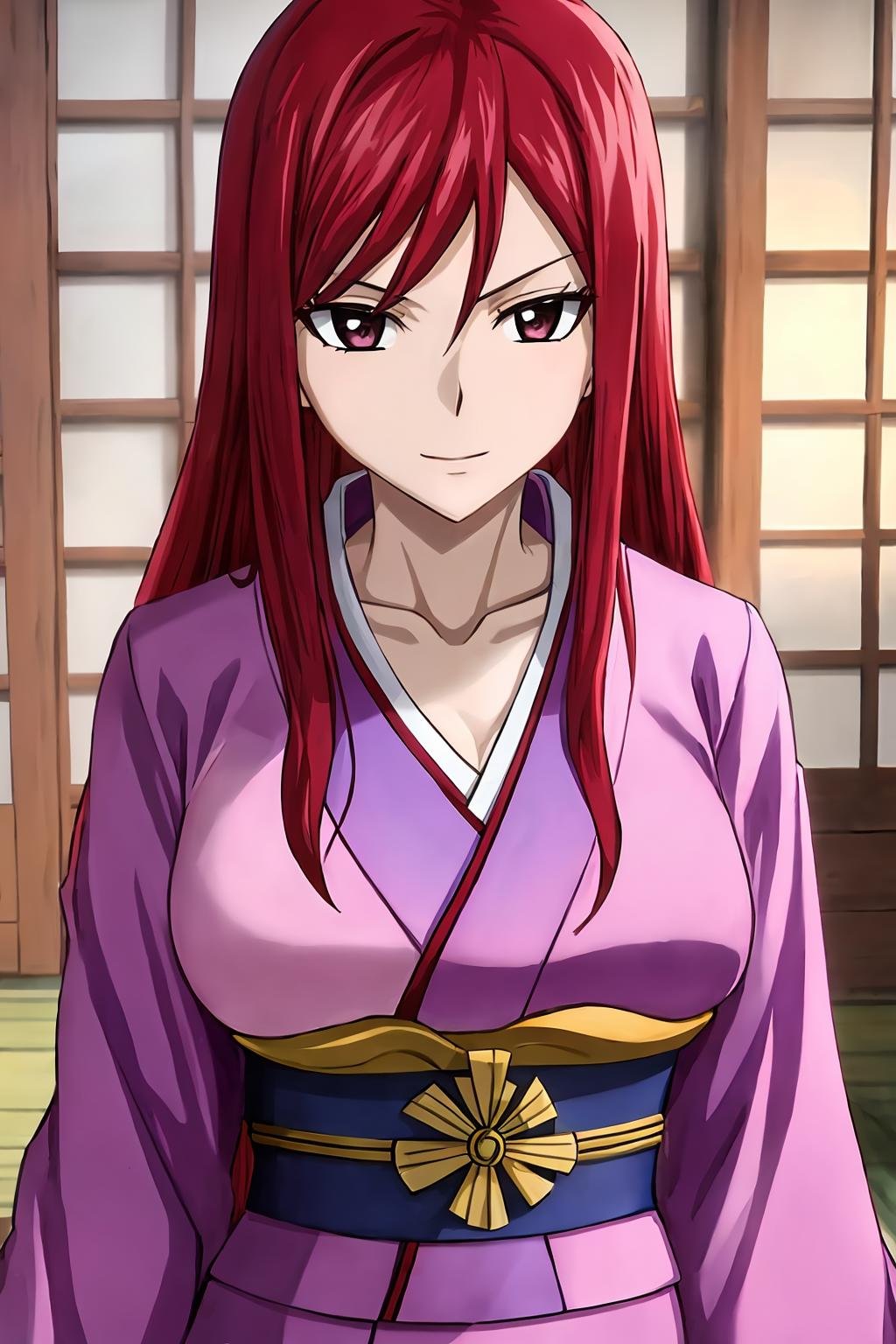 erza, 1girl, solo, long_hair, breasts, large_breasts, brown_eyes, collarbone, red_hair, japanese_clothes, kimono, purple_kimono