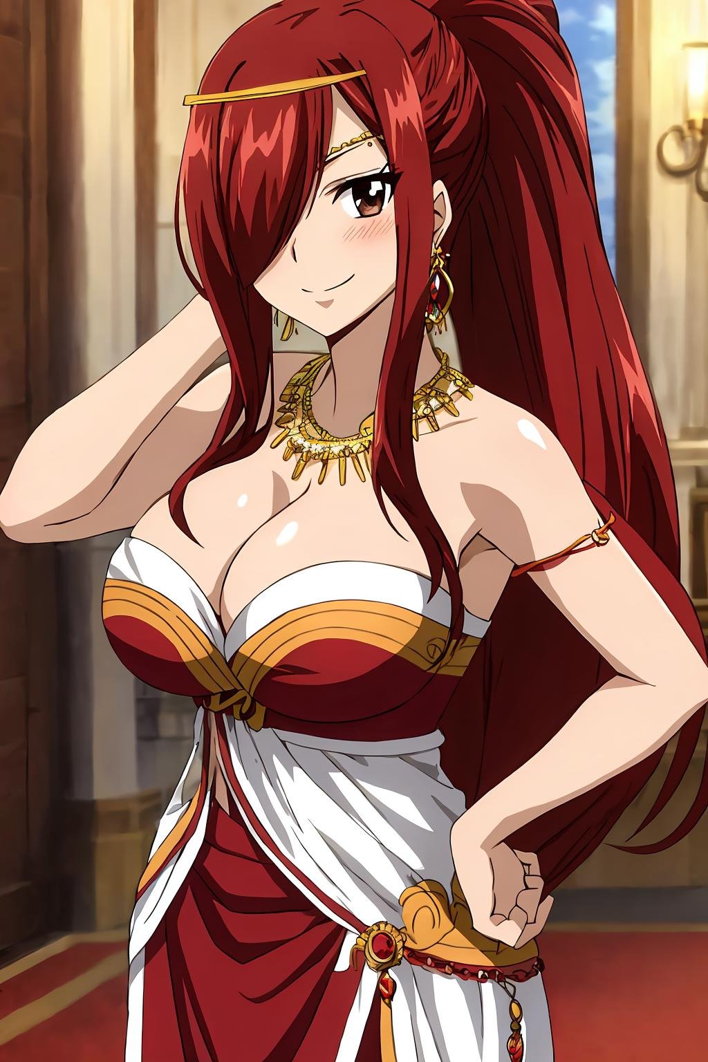 erza, 1girl, long_hair, breasts, blush, smile, large_breasts, brown_hair, cleavage, brown_eyes, jewelry, ponytail, red_hair, earrings, solo_focus, necklace, hair_over_one_eye, hand_on_hip, single_hair_bun, circlet