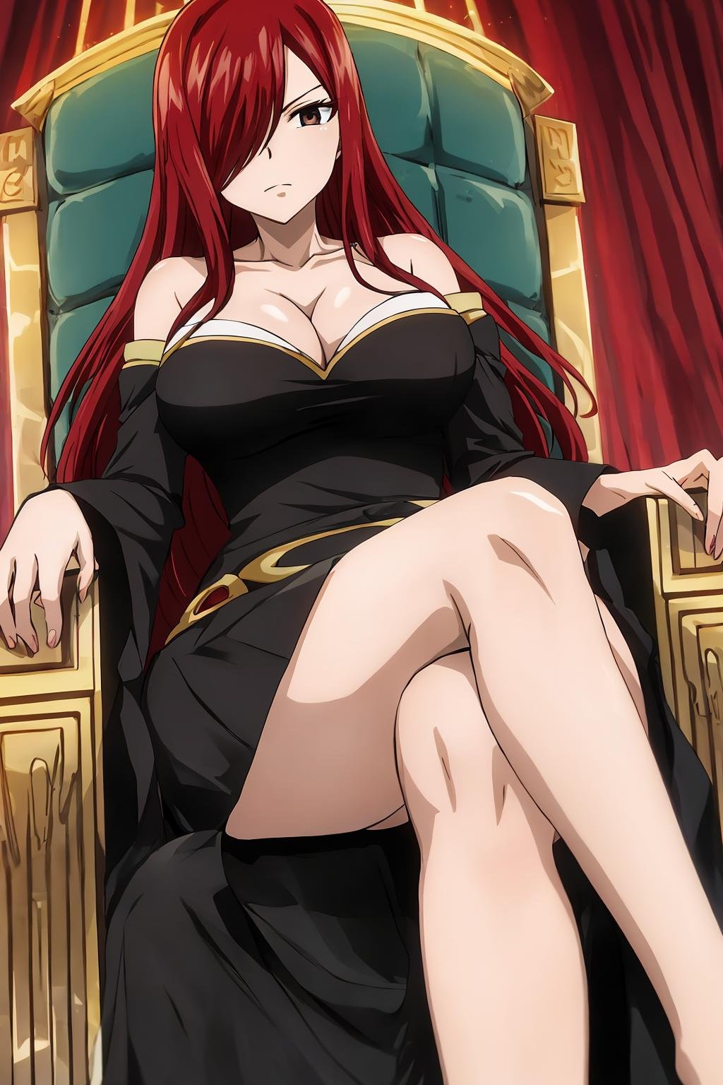 erza, 1girl, solo, long_hair, breasts, looking_at_viewer, expressionless, large_breasts, brown_eyes, cleavage, collarbone, dress, red_hair, hair_over_one_eye, black_dress, throne, crossed_legs, sitting, from_below