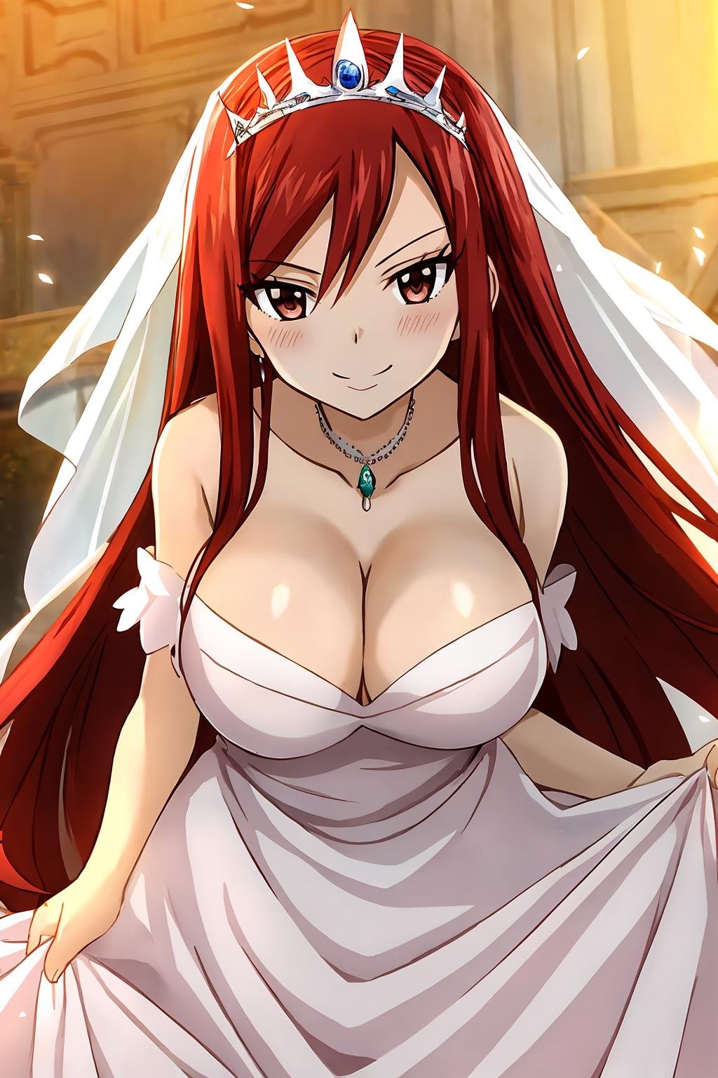 erza, 1girl, solo, long_hair, breasts, looking_at_viewer, blush, smile, brown_eyes, large_breasts, dress, cleavage, bare_shoulders, very_long_hair, ahoge, red_hair, white_dress, v, tiara, white_wedding_dress