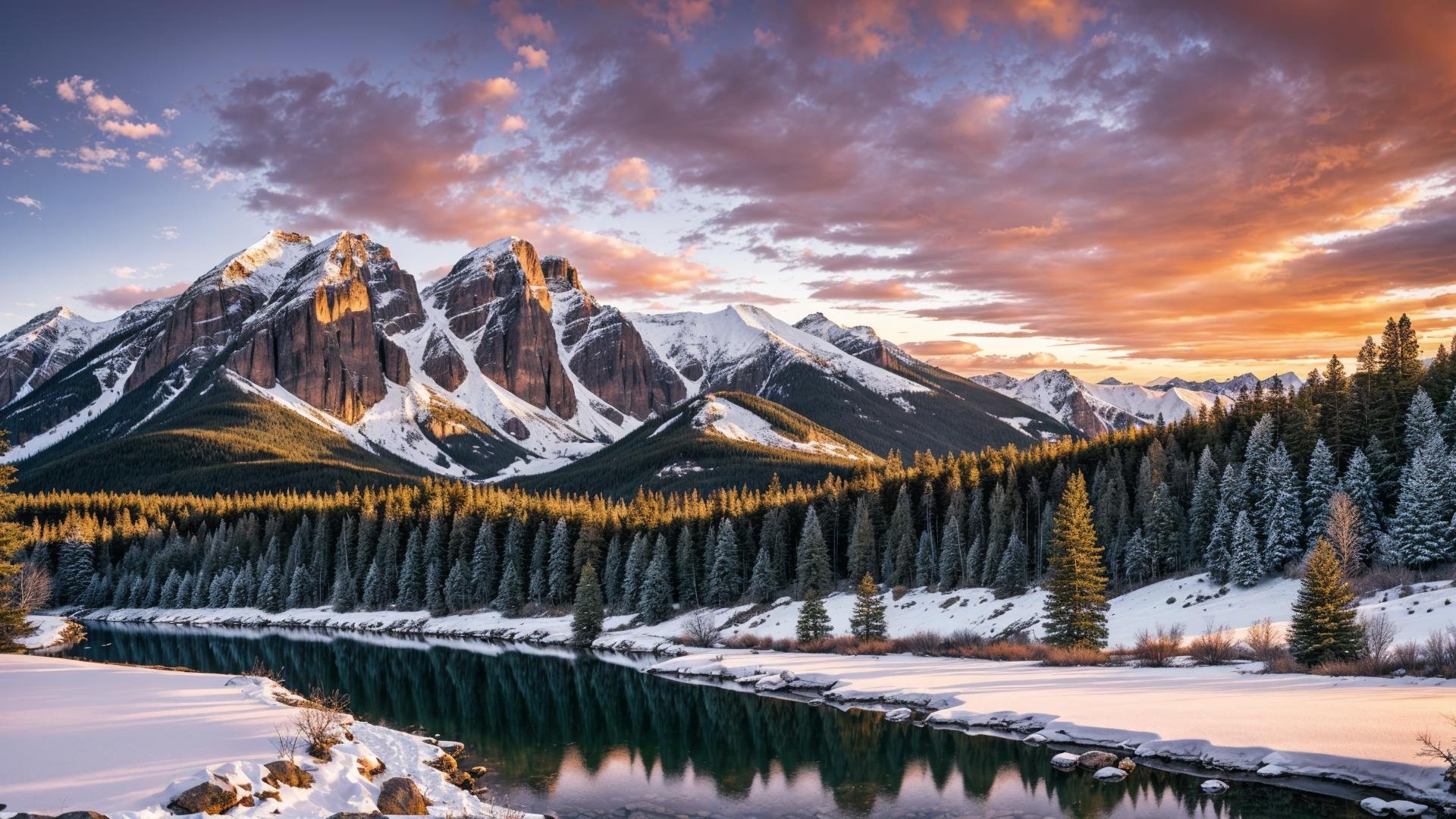 outdoors, sky, cloud, tree, no humans, bird, nature, scenery, snow, forest, sunset, rock, mountain, sun, winter, river, landscape, mountainous horizon