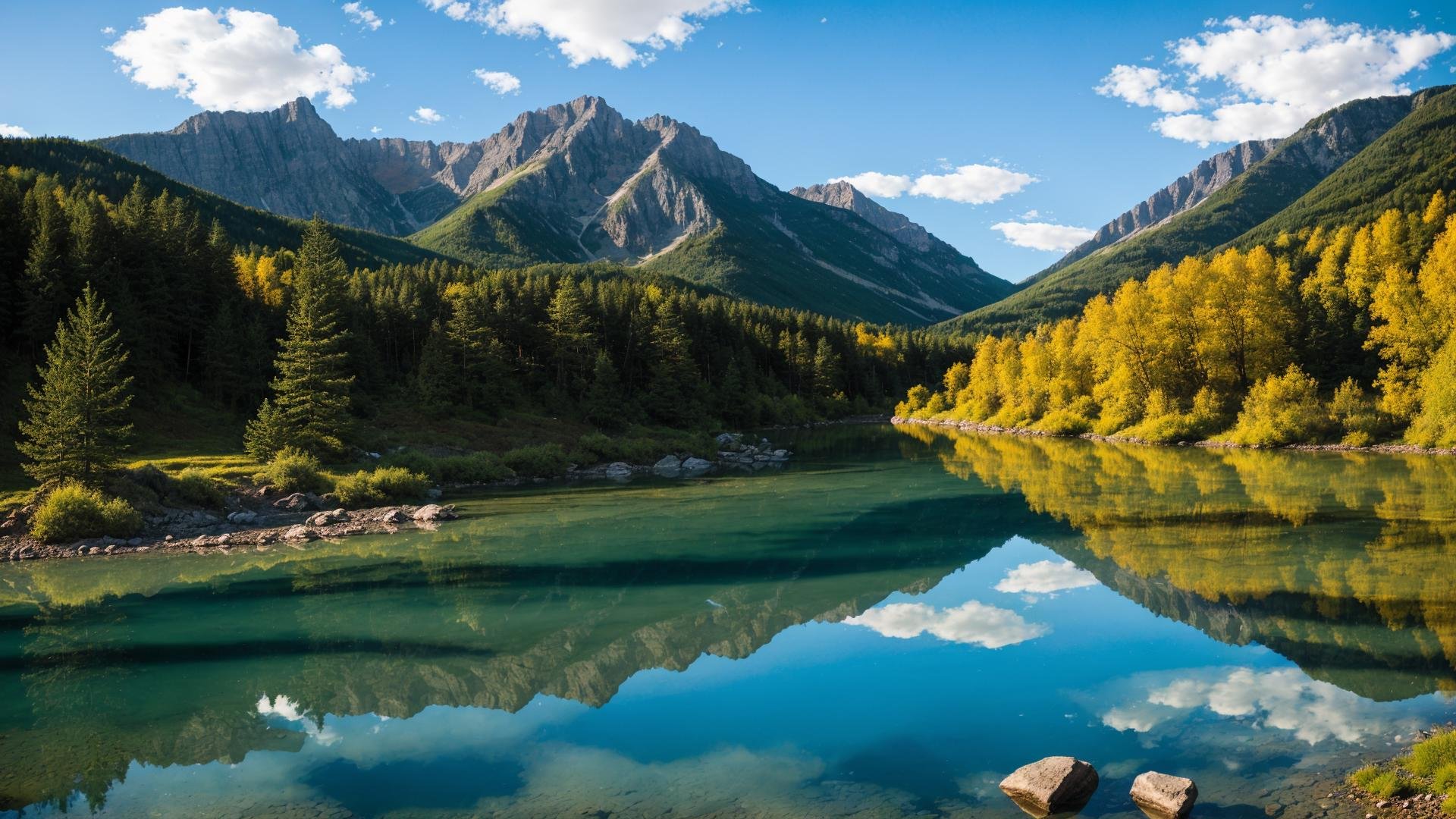 outdoors, sky, day, cloud, water, tree, blue sky, no humans, nature, scenery, forest, reflection, rock, mountain, river, landscape, lake