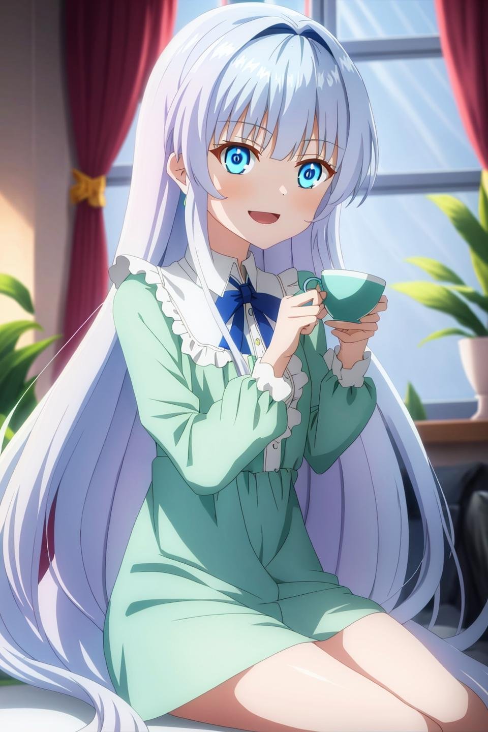 dia, anime art style, 1girl, solo, long_hair, looking_at_viewer, smile, open_mouth, bangs, blue_eyes, dress, sitting, very_long_hair, short_sleeves, indoors, cup, teacup, green_dress, nightgown