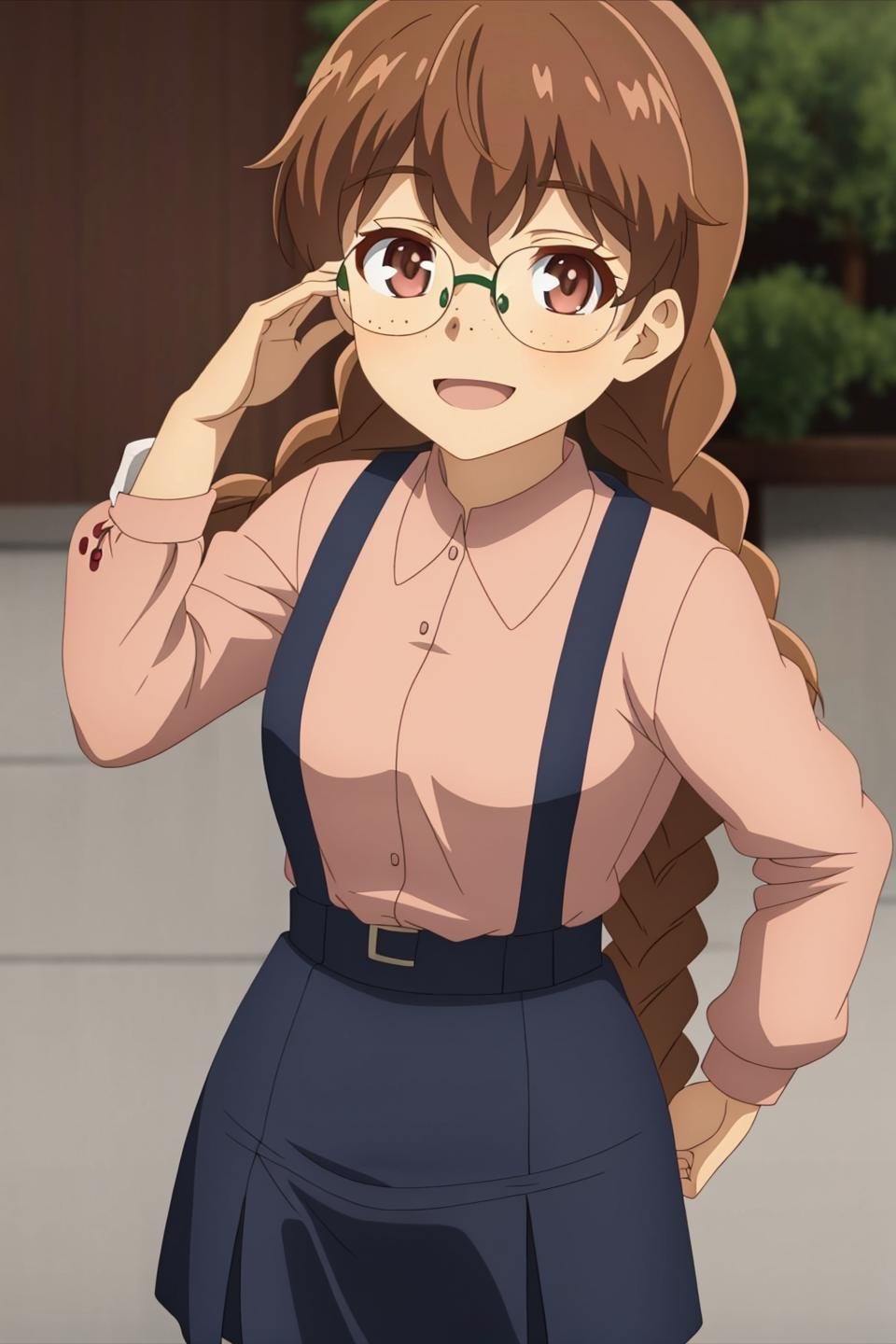 connor, anime art style, 1girl, solo, long_hair, smile, brown_hair, shirt, brown_eyes, upper_body, braid, glasses, twin_braids, freckles, pink_shirt, round_eyewear, anime_coloring, jimiko