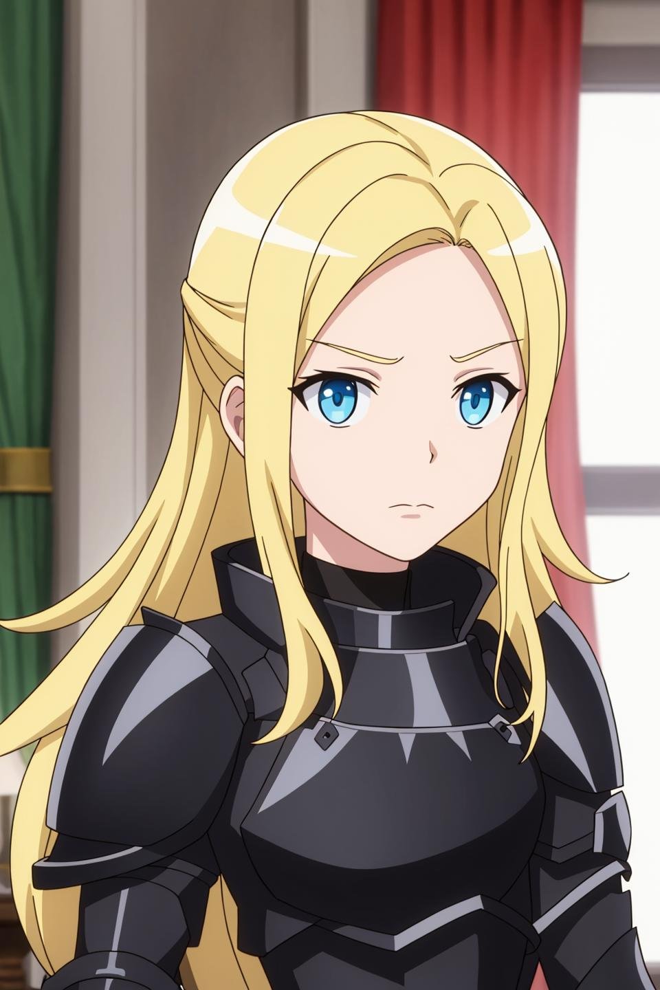 caroline, anime_art_style, solo, long_hair, breasts, bangs, blue_eyes, blonde_hair, black gloves, long_sleeves, closed_mouth, standing, upper_body, sidelocks, indoors, black armor, parted_bangs, window, bodysuit, frown, curtains, black shoulder_armor, forehead, half_updo, black pauldrons, black breastplate, shoulder_pads, black boobplate