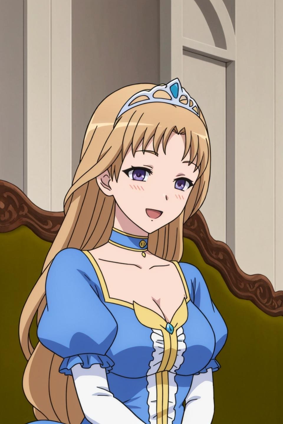 ellen, anime_art_style, solo, long_hair, breasts, looking_at_viewer, blush, smile, open_mouth, bangs, blue_eyes, blonde_hair, large_breasts, brown_hair, gloves, long_sleeves, dress, cleavage, jewelry, medium_breasts, very_long_hair, purple_eyes, collarbone, upper_body, short_sleeves, :d, frills, choker, elbow_gloves, puffy_sleeves, indoors, puffy_short_sleeves, parted_bangs, blue_dress, light_brown_hair, tiara, juliet_sleeves, brooch, couch, meme, empty_eyes, style_parody, layered_sleeves, short_over_long_sleeves, anime_coloring, princess, fine_art_parody, unusually_open_eyes