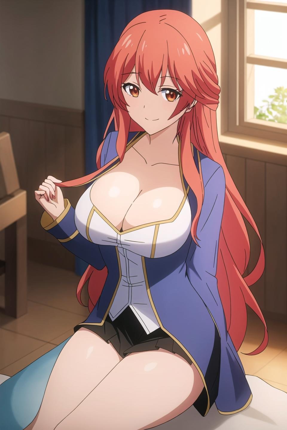 maria, anime art style, 1girl, solo, long_hair, breasts, looking_at_viewer, smile, bangs, red_eyes, cleavage, upper_body, red_hair, window, parody