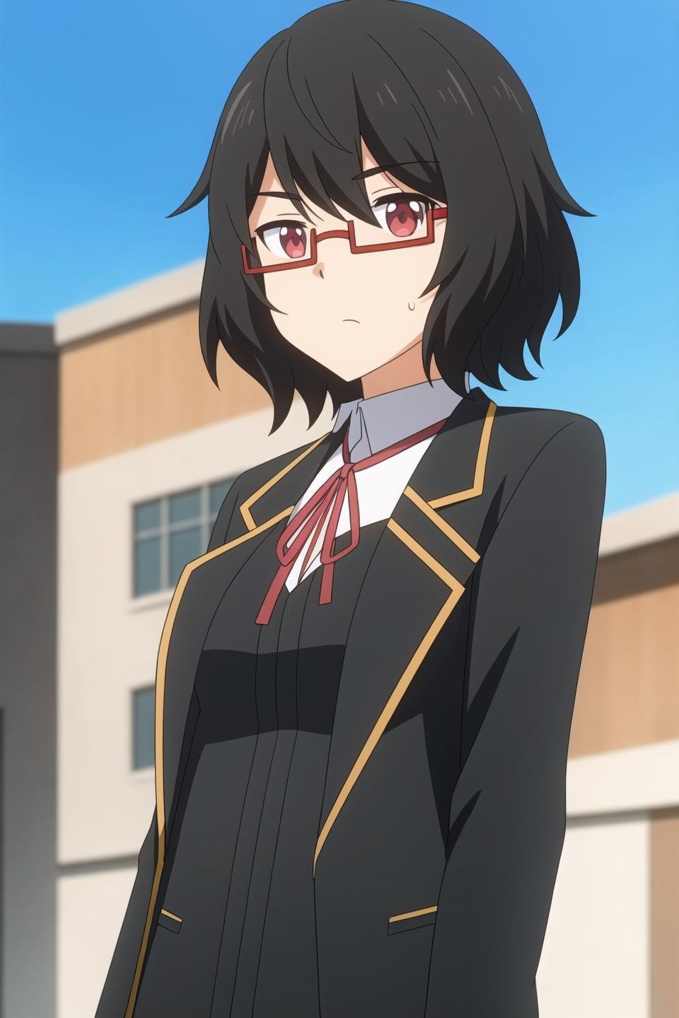 lynn, anime art style, 1girl, solo, short_hair, bangs, black_hair, red_eyes, ribbon, closed_mouth, jacket, upper_body, outdoors, sky, glasses, day, sweatdrop, blurry, neck_ribbon, blurry_background, semi-rimless_eyewear, red-framed_eyewear, under-rim_eyewear, yellow_ribbon