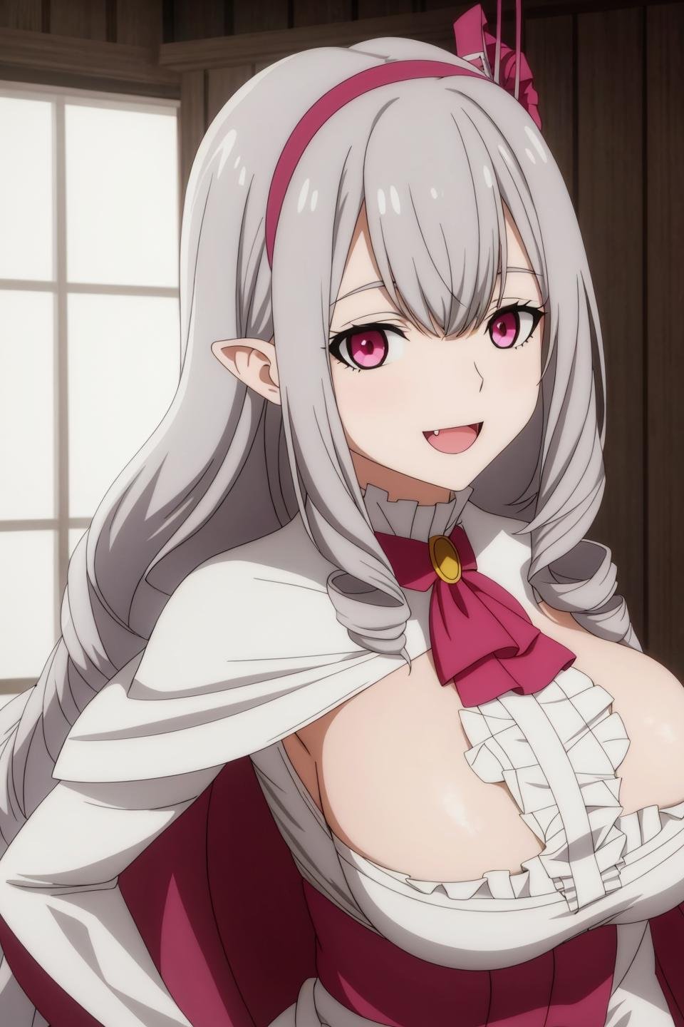 sophia, anime, 1girl, solo, long_hair, breasts, looking_at_viewer, smile, open_mouth, bangs, large_breasts, gloves, upper_body, :d, grey_hair, hairband, frills, pointy_ears, fang, white_gloves, pink_eyes, cape, hand_on_hip, ascot, drill_hair, center_frills, vampire