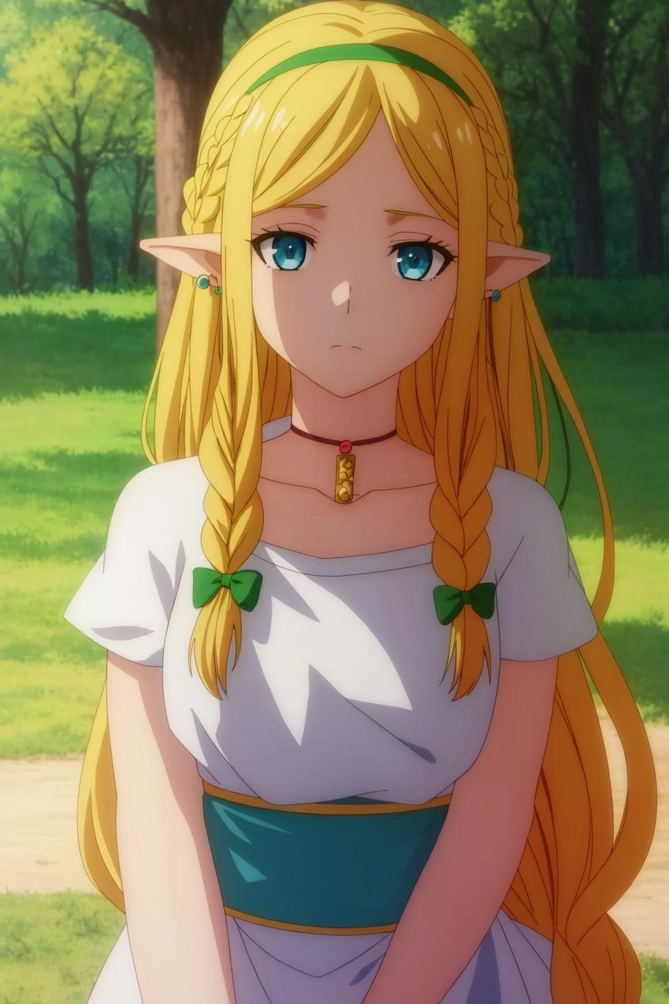 anna, anime, 1girl, solo, long_hair, looking_at_viewer, blue_eyes, blonde_hair, jewelry, closed_mouth, green_eyes, upper_body, braid, hairband, earrings, choker, pointy_ears, expressionless, elf