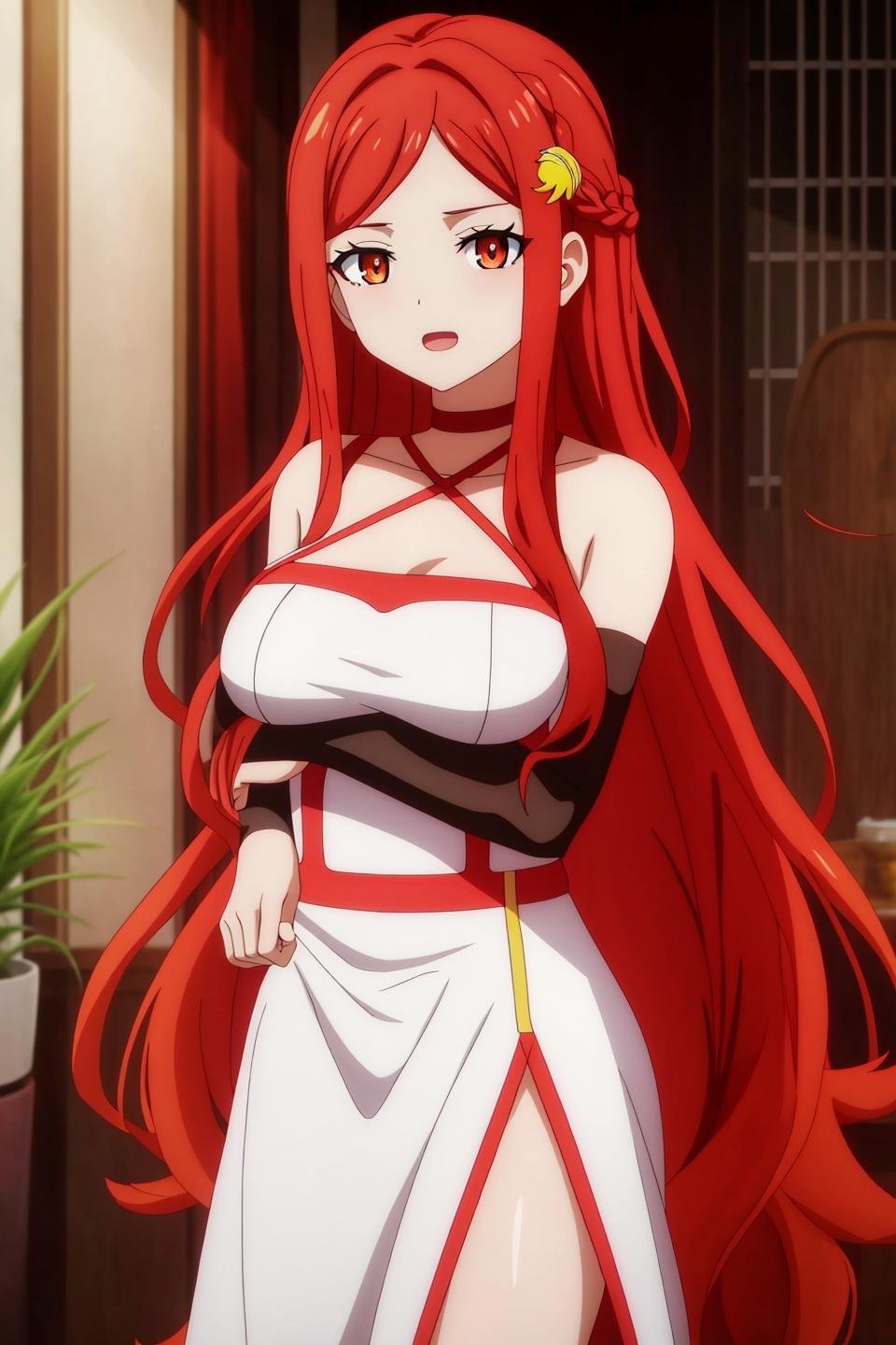 karnatia, anime, 1girl, solo, long_hair, breasts, looking_at_viewer, blush, open_mouth, bangs, hair_ornament, dress, bare_shoulders, very_long_hair, standing, braid, red_hair, detached_sleeves, indoors, orange_eyes, parted_bangs, crossed_arms, red_dress, pink_dress, bridal_gauntlets