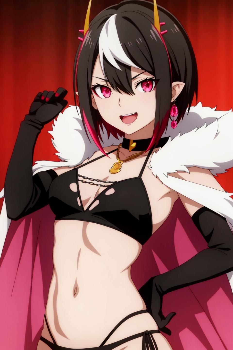 ariel, anime, 1girl, solo, breasts, looking_at_viewer, short_hair, open_mouth, black_hair, red_eyes, gloves, navel, hair_between_eyes, jewelry, underwear, upper_body, white_hair, multicolored_hair, earrings, small_breasts, horns, pointy_ears, black_gloves, elbow_gloves, midriff, pink_eyes, cape, two-tone_hair, streaked_hair, hand_on_hip, fur_trim, chain, highleg_panties