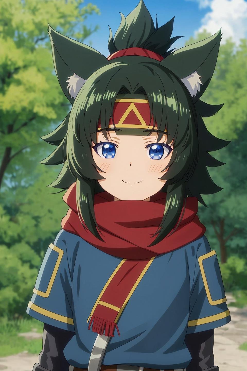 chiyome, anime, 1girl, solo, smile, blue_eyes, black_hair, animal_ears, closed_mouth, upper_body, outdoors, sky, day, cloud, scarf, armor, blue_sky, animal_ear_fluff, headband, parody, red_scarf