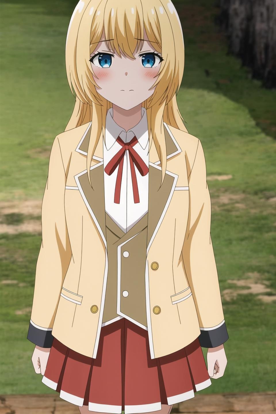 ruri, anime art style, 1girl, solo, long_hair, looking_at_viewer, bangs, blue_eyes, skirt, blonde_hair, shirt, ribbon, closed_mouth, school_uniform, white_shirt, pleated_skirt, outdoors, sky, day, cloud, red_ribbon, blue_sky, coat, red_skirt, parody