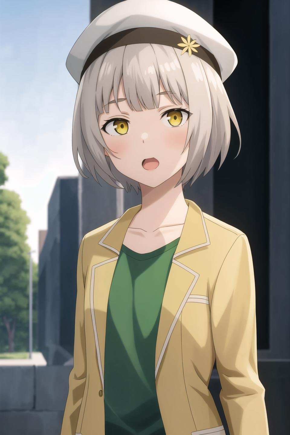 alma, anime art style, 1girl, solo, short_hair, open_mouth, bangs, simple_background, shirt, long_sleeves, jacket, yellow_eyes, upper_body, grey_hair, open_clothes, open_jacket, v-shaped_eyebrows, blue_background, brown_jacket, green_shirt