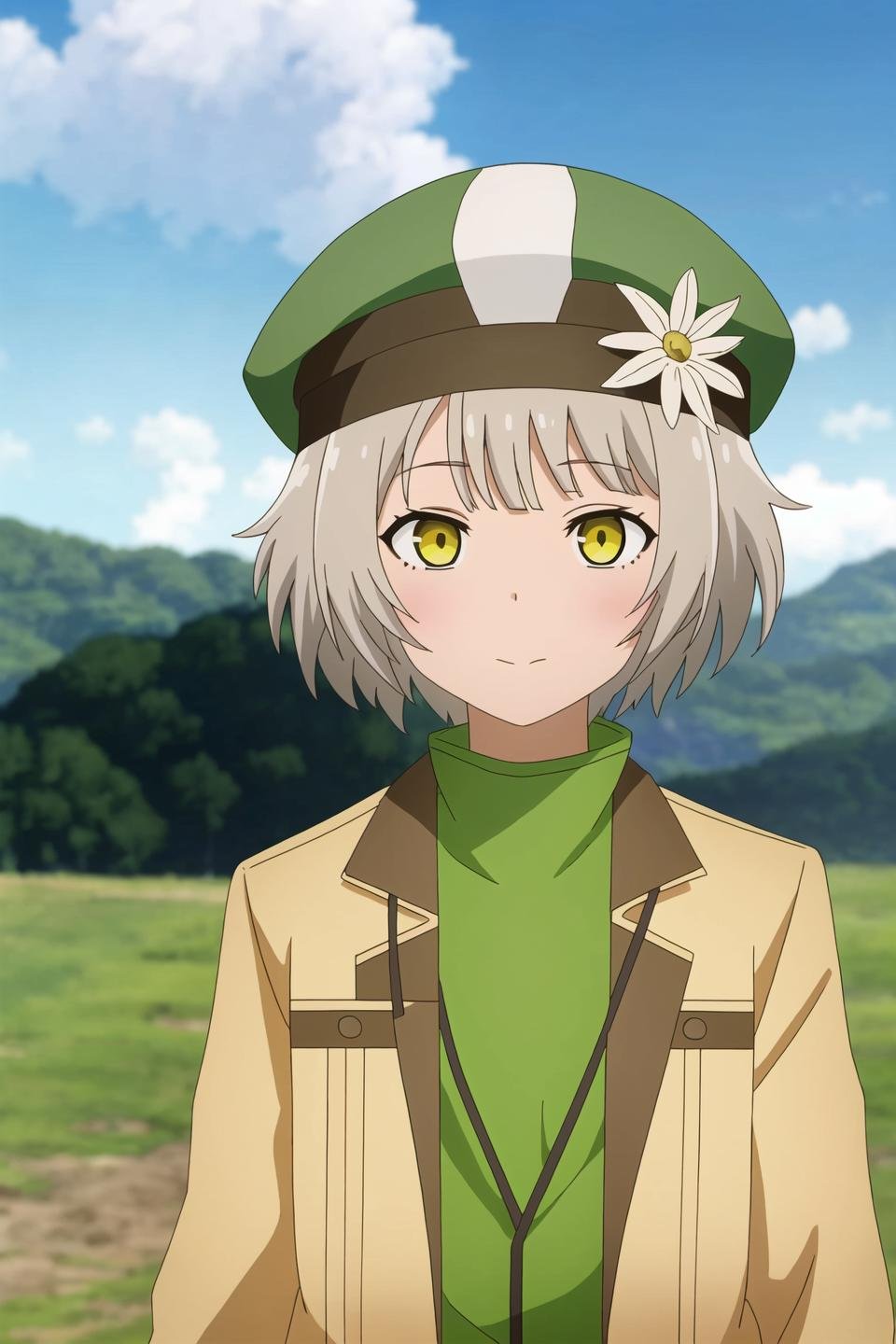 alma, anime art style, 1girl, solo, short_hair, bangs, hat, closed_mouth, jacket, yellow_eyes, flower, grey_hair, outdoors, sky, cloud, blurry, blurry_background, parody, brown_jacket, green_headwear