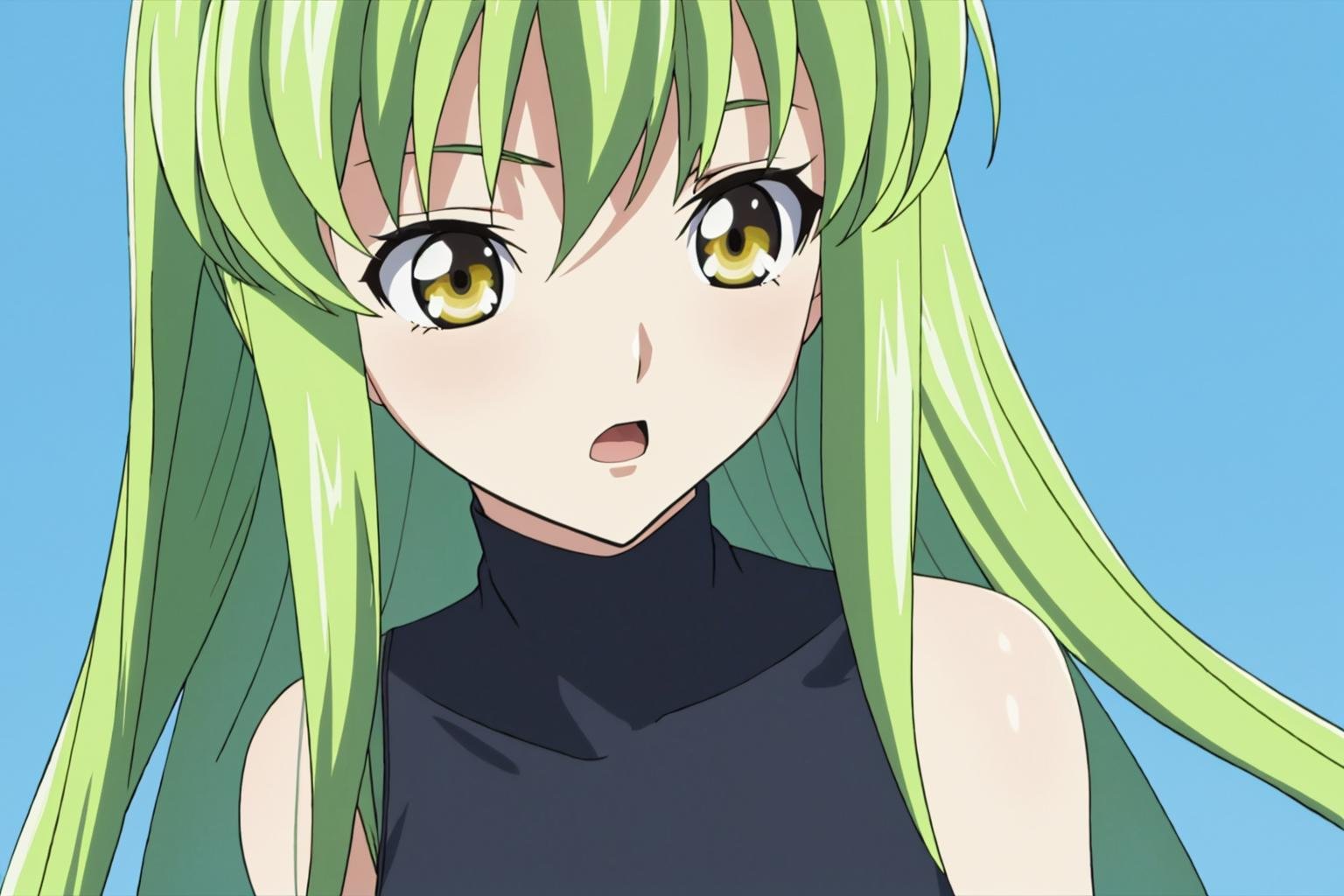 cc, 1girl, solo, long_hair, looking_at_viewer, open_mouth, bangs, simple_background, bare_shoulders, collarbone, yellow_eyes, upper_body, sidelocks, parted_lips, green_hair, sleeveless, :o, turtleneck, blue_background, parody, surprised, close-up, sleeveless_turtleneck, anime_coloring, c.c.