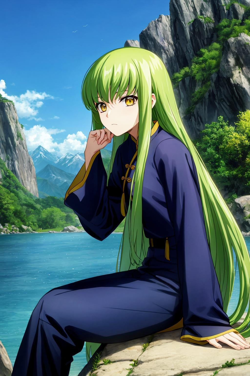 cc, 1girl, solo, long_hair, looking_at_viewer, bangs, long_sleeves, brown_eyes, sitting, very_long_hair, closed_mouth, yellow_eyes, sidelocks, outdoors, green_hair, sky, day, pants, water, blue_sky, sleeves_past_wrists, cosplay, bodysuit, expressionless, chinese_clothes, nature, rock, mountain, waterfall, lake