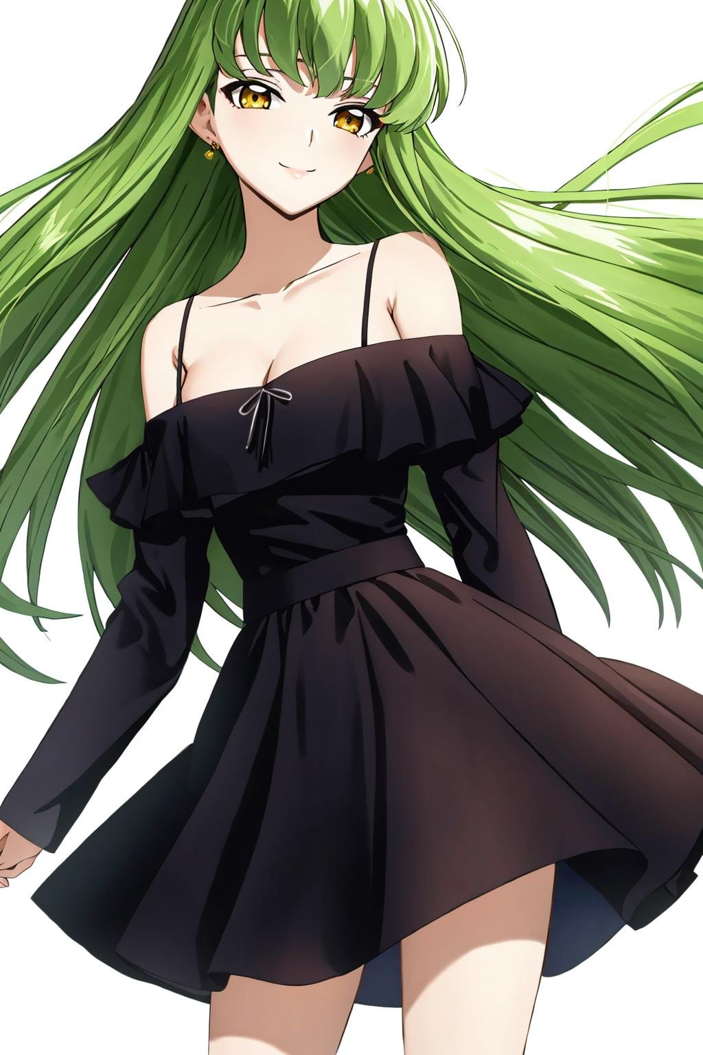 cc, 1girl, solo, long_hair, breasts, looking_at_viewer, smile, bangs, skirt, simple_background, white_background, dress, ribbon, cleavage, bare_shoulders, brown_eyes, very_long_hair, closed_mouth, standing, collarbone, yellow_eyes, frills, green_hair, shiny, black_skirt, off_shoulder, black_dress, shiny_hair, spaghetti_strap, c.c.