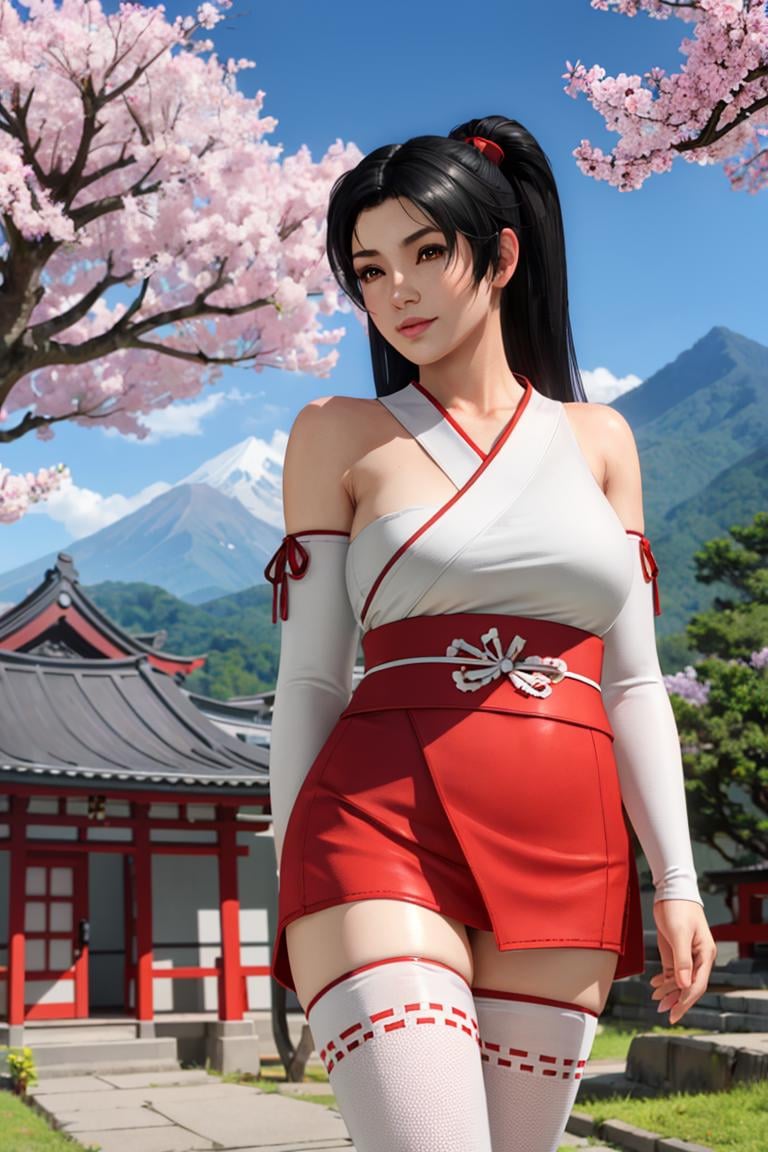 <lora:doa_momiji:0.7> momiji, miko outfit, japanese shrine, mountains, cherry blossoms, white thighhighs