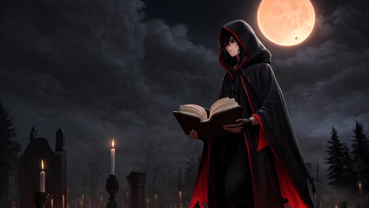 lolstyle, art style, 1girl, solo, 1boy, holding, standing, weapon, male_focus, outdoors, sky, cloud, hood, tree, torn_clothes, book, night, moon, cloudy_sky, cross, fire, nature, night_sky, scenery, cloak, hood_up, forest, holding_book, skull, robe, open_book, scythe, candle, dark, hooded_cloak, skeleton, bare_tree, flame, black_cloak, fog, tombstone, candlestand, black_robe, graveyard, coffin, hooded_robe, undead, grave, candlelight