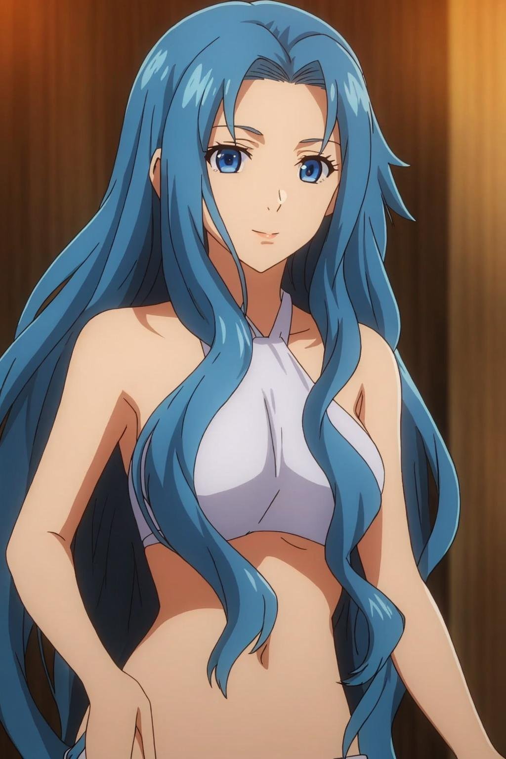 arte, anime_art_style, 1girl, solo, long_hair, breasts, looking_at_viewer, blue_eyes, navel, bare_shoulders, medium_breasts, very_long_hair, closed_mouth, blue_hair, upper_body, halterneck