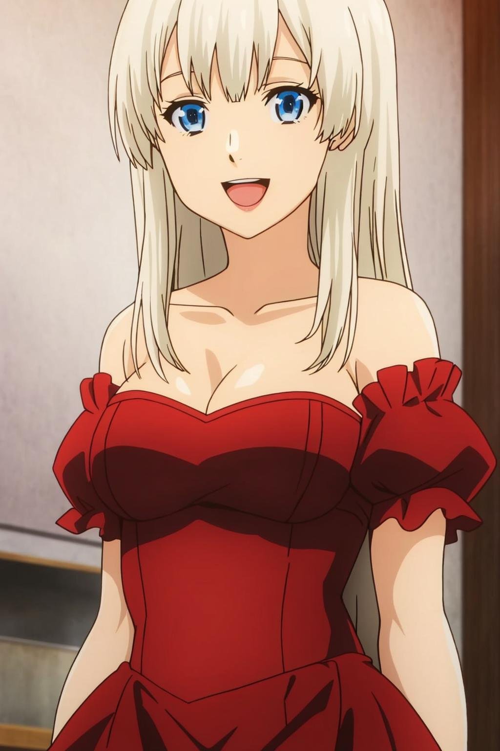adelheid, anime_art_style, 1girl, solo, long_hair, breasts, looking_at_viewer, smile, open_mouth, blue_eyes, blonde_hair, dress, cleavage, bare_shoulders, medium_breasts, collarbone, upper_body, red_dress