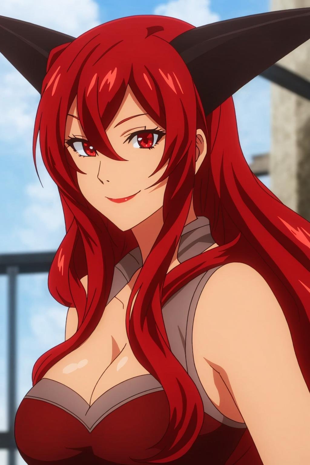 redqueen, anime_art_style, 1girl, solo, long_hair, breasts, looking_at_viewer, smile, large_breasts, red_eyes, cleavage, hair_between_eyes, bare_shoulders, upper_body, red_hair, horns, sleeveless