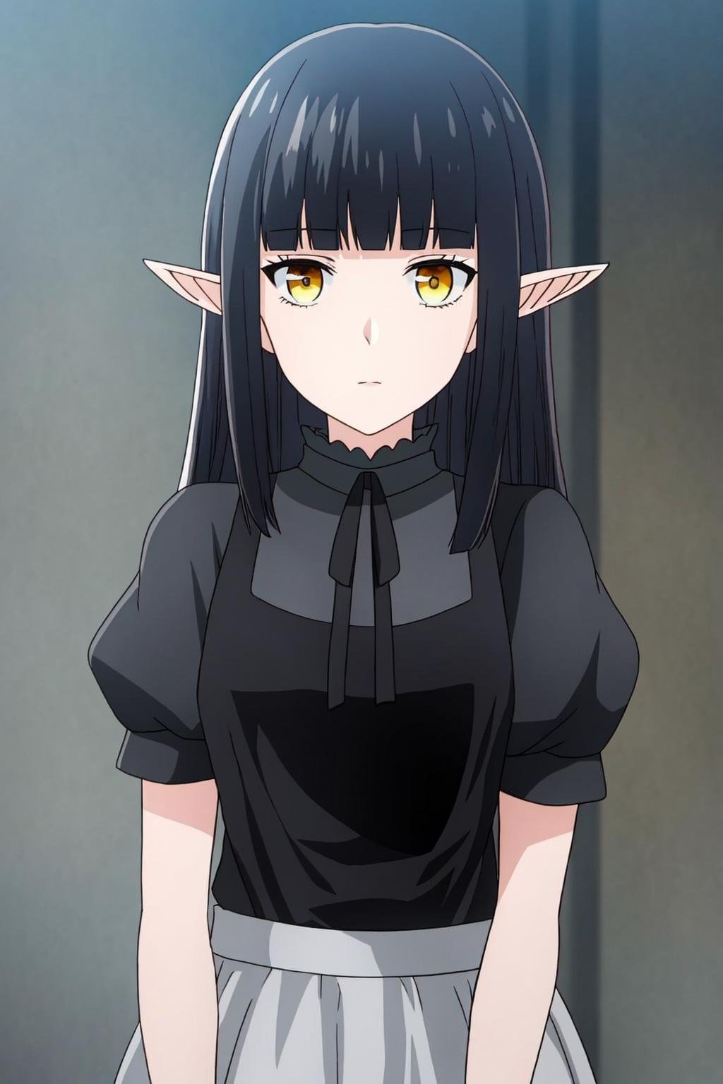 kuro, anime_art_style, 1girl, solo, long_hair, looking_at_viewer, bangs, skirt, shirt, black_hair, dress, ribbon, closed_mouth, yellow_eyes, upper_body, short_sleeves, pointy_ears, puffy_sleeves, blunt_bangs, puffy_short_sleeves, black_shirt, black_ribbon, neck_ribbon, elf, grey_skirt