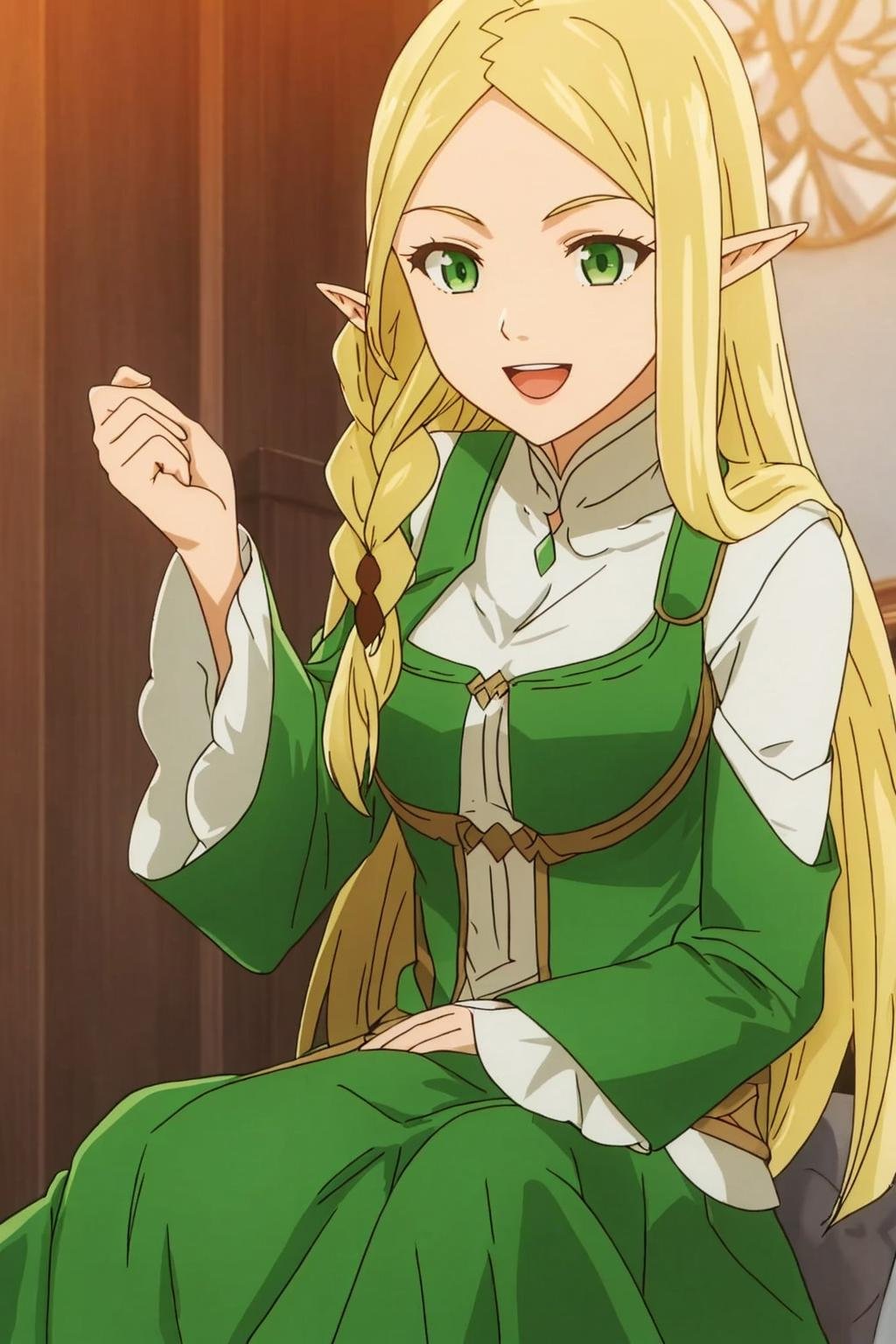 fardania, anime_art_style, 1girl, solo, long_hair, breasts, smile, open_mouth, blonde_hair, long_sleeves, dress, green_eyes, braid, detached_sleeves, pointy_ears, indoors, elf, side_braid, green_dress