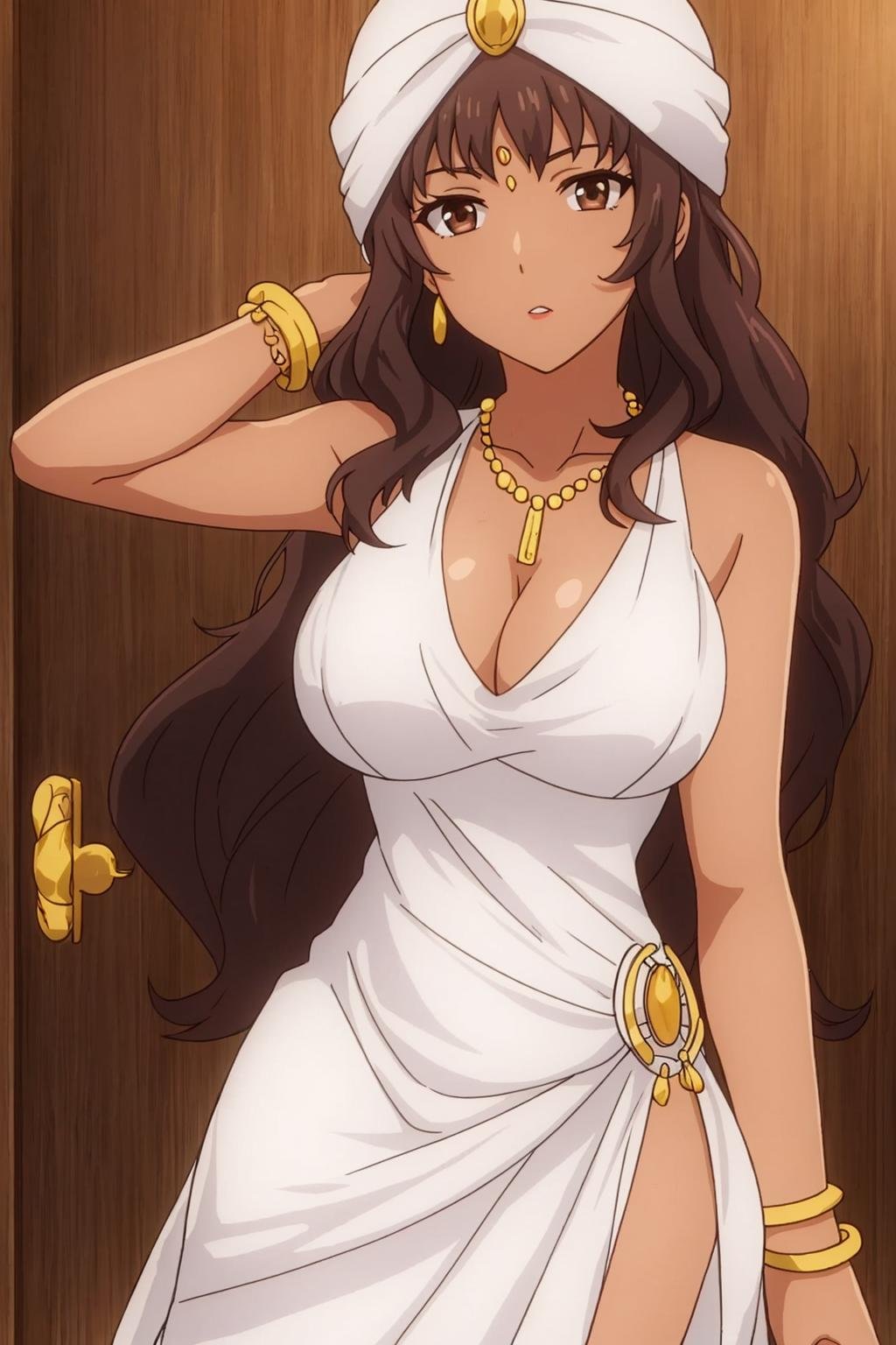 rana, anime_art_style, 1girl, solo, long_hair, breasts, looking_at_viewer, large_breasts, brown_hair, dress, cleavage, brown_eyes, jewelry, earrings, dark_skin, necklace, white_dress, dark-skinned_female, turban