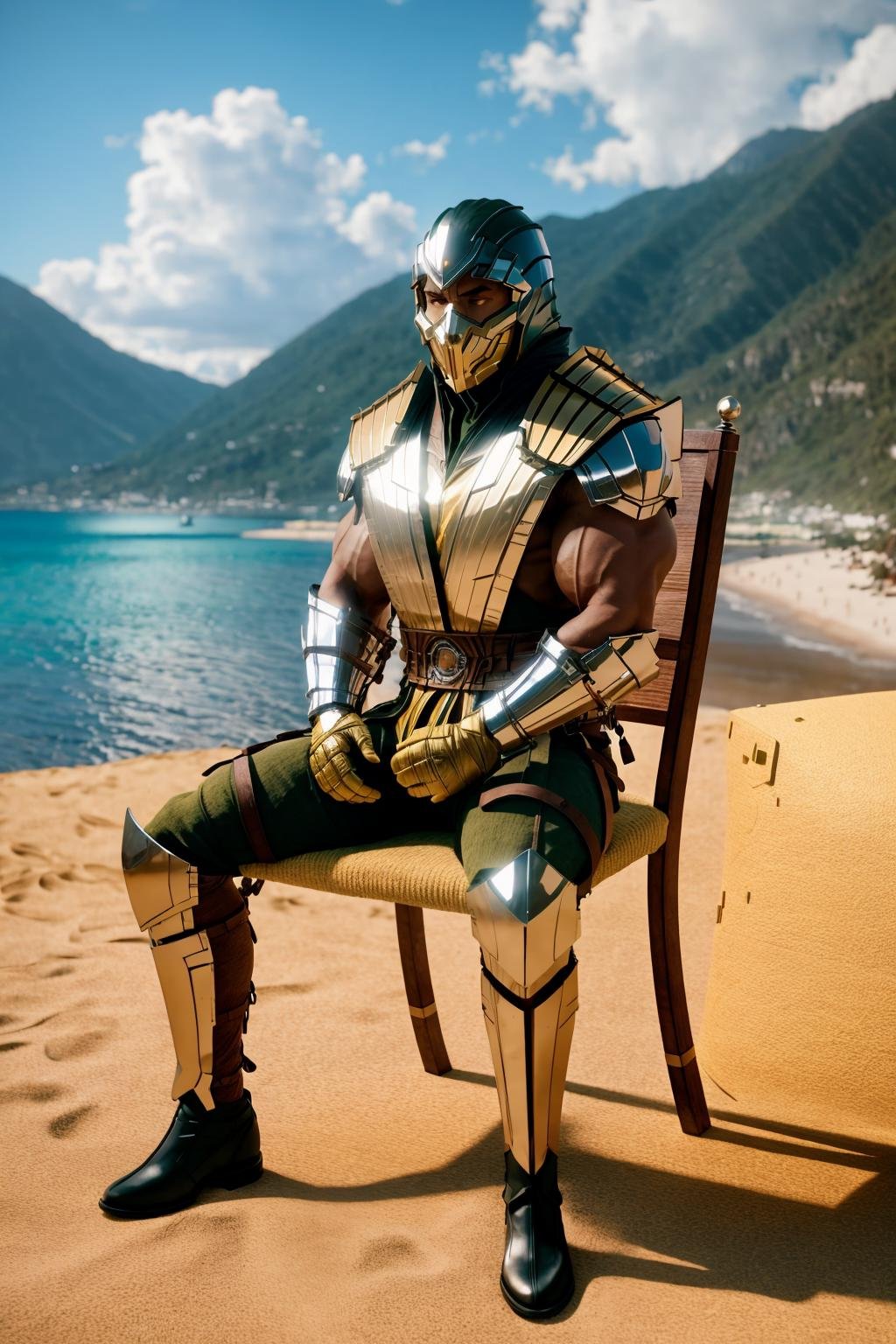 <lora:zscrp_v2-000009:1> zscrp, masterpiece, best cinematic quality, photorealistic highly detailed 8k raw photo, volumetric lighting, volumetric shadows, muscular man, yellow armor, mask. Beach Wormhole,Chair Rail,Alpine Tundra