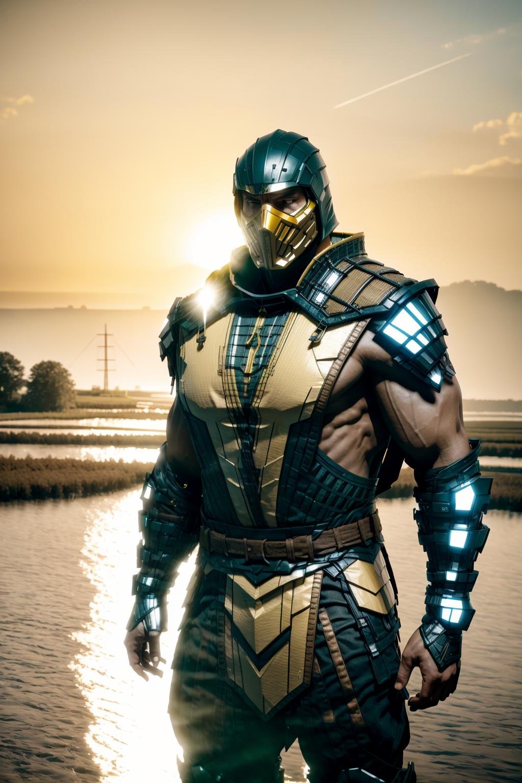 <lora:zscrp_v2-000009:1> zscrp, masterpiece, best cinematic quality, photorealistic highly detailed 8k raw photo, volumetric lighting, volumetric shadows, muscular man, yellow armor, mask. Farmland Tide Cycle,Tidal Estuary