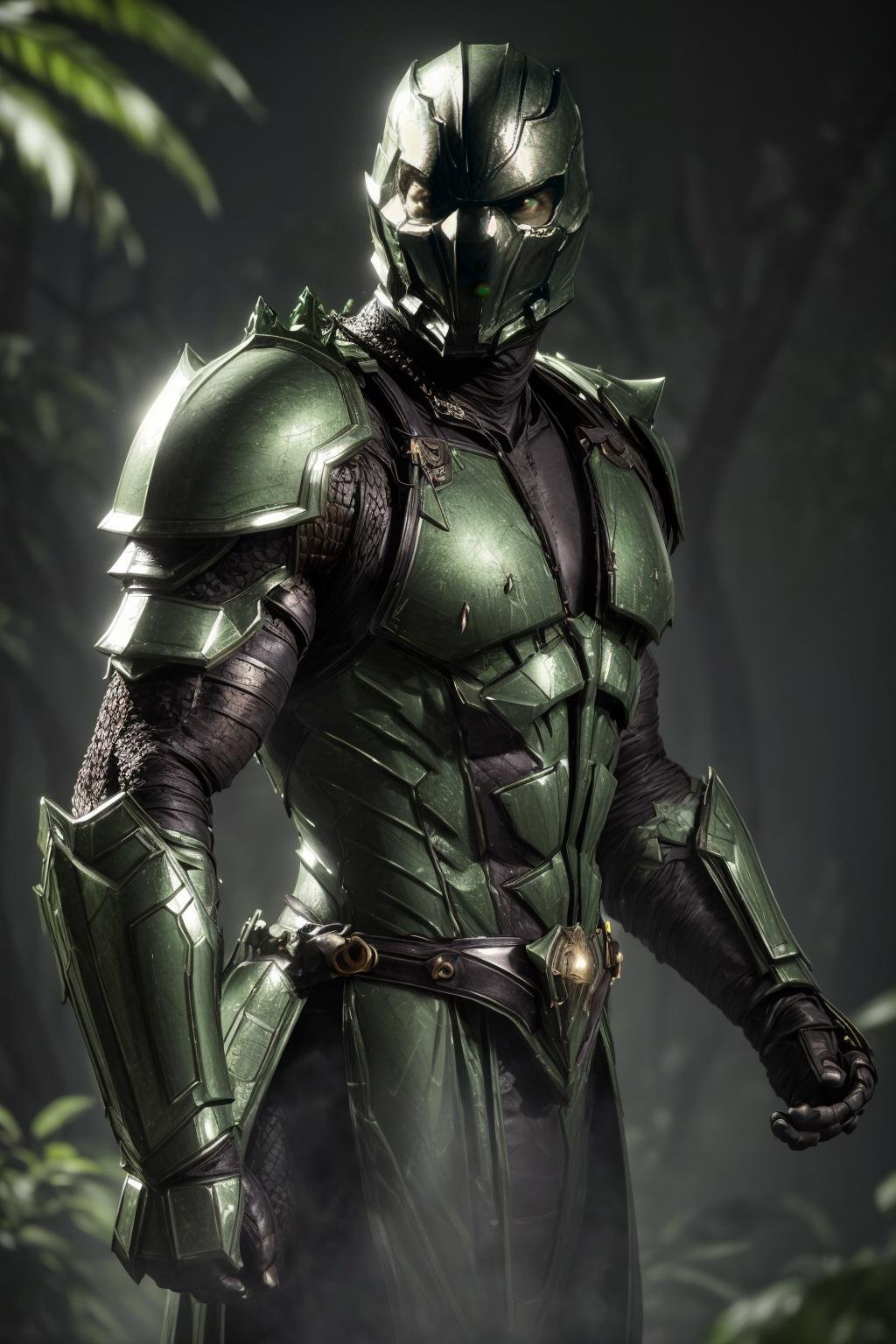 design, interrior, interriordesign <lora:Reptile_v1:0.7>Masterpiece, best quality, (highly detailed raw photo:1.2), 8k render in octane, volumetric lighting, volumetric shadows  <lora:more_details:0.6>portrait of a man in a  green costume, (armor reflexions:1.2)surrounded by snakes, jungle background 