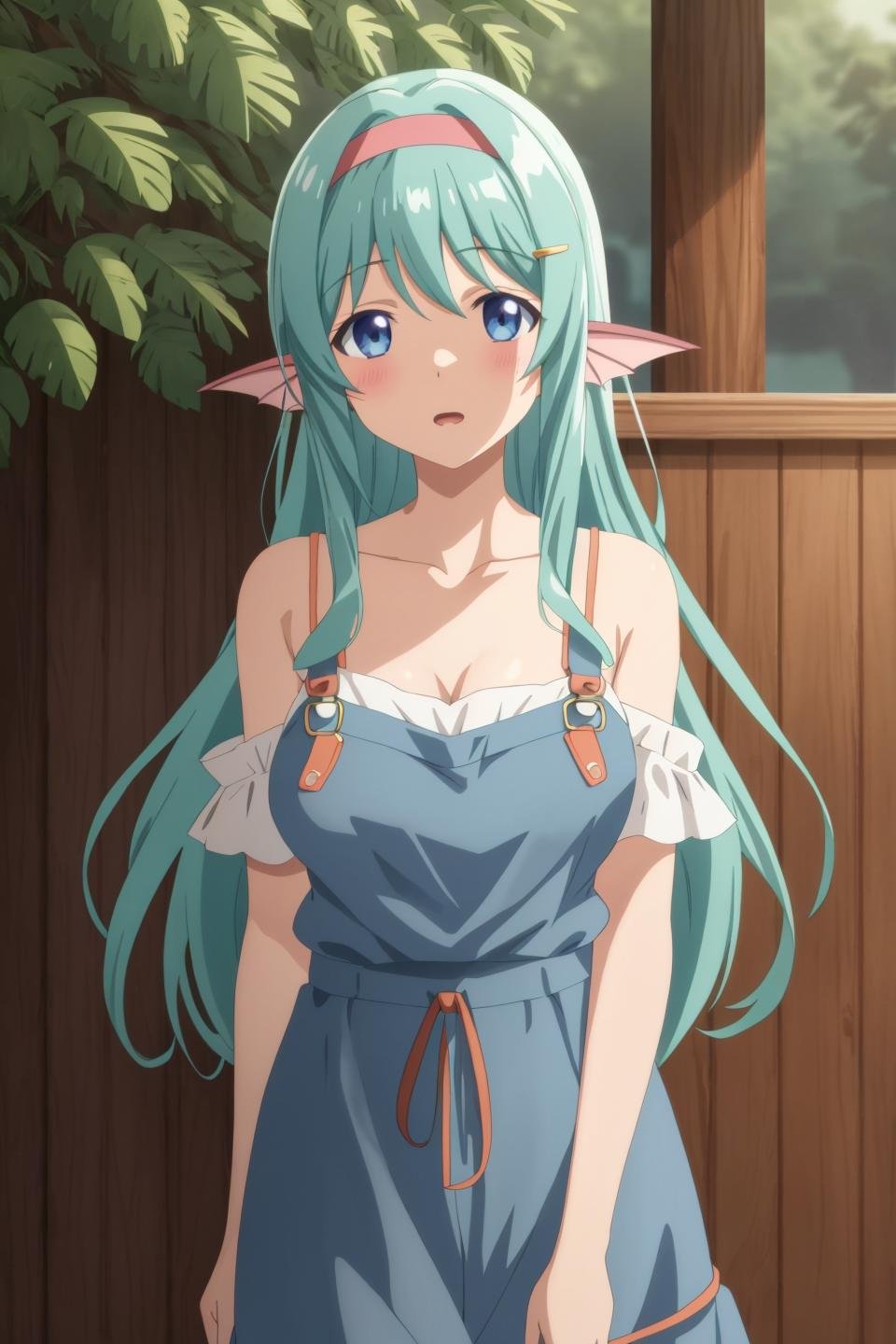 remia, anime art style, 1girl, solo, long_hair, breasts, blush, open_mouth, bangs, blue_eyes, hair_ornament, dress, bare_shoulders, collarbone, upper_body, hairband, hairclip, off_shoulder, aqua_hair, parody, overalls, head_fins, wooden_wall