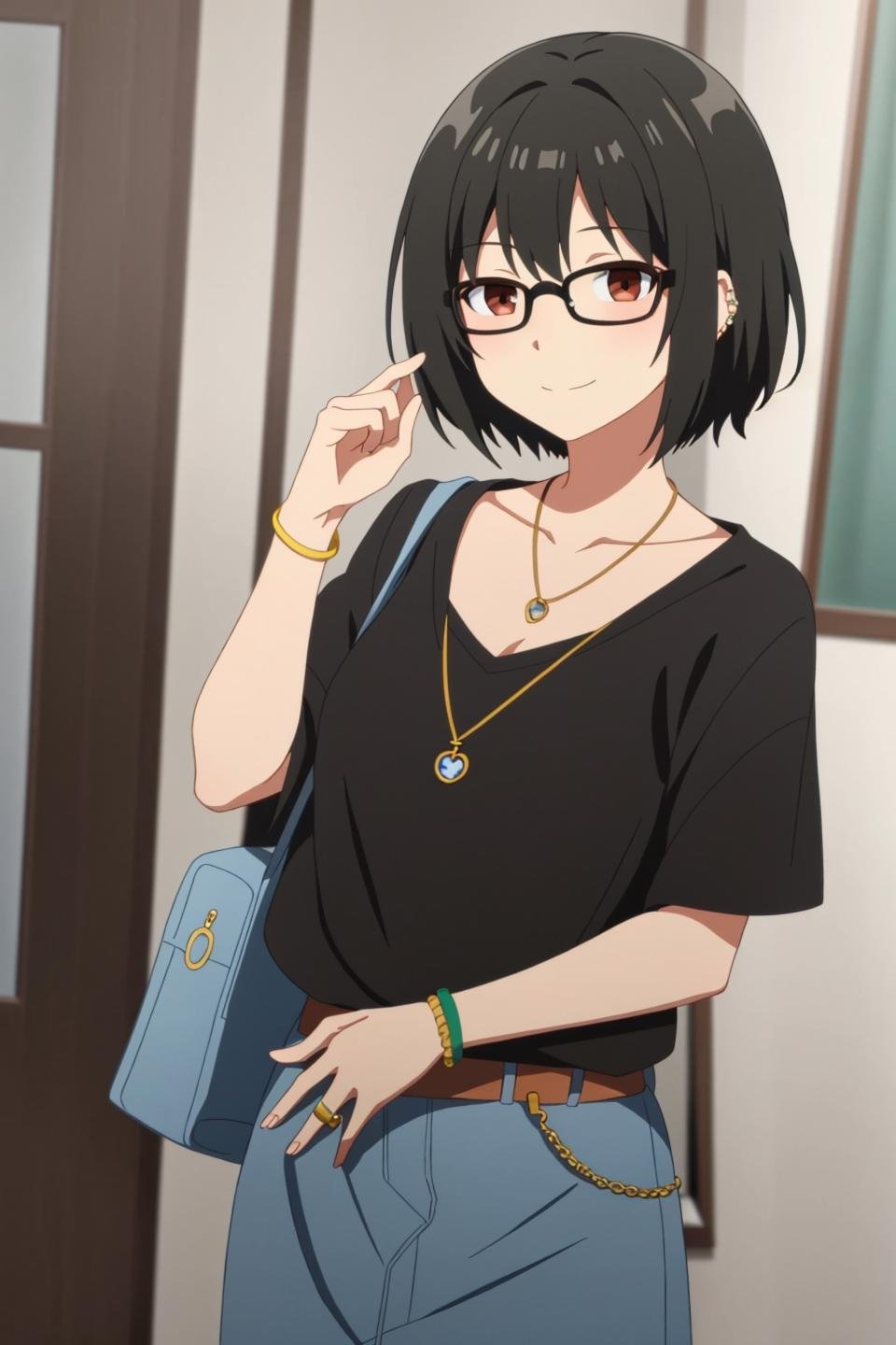 eri, anime art style, 1girl, solo, looking_at_viewer, smile, short_hair, bangs, black_hair, brown_eyes, jewelry, collarbone, glasses, bracelet, black-framed_eyewear